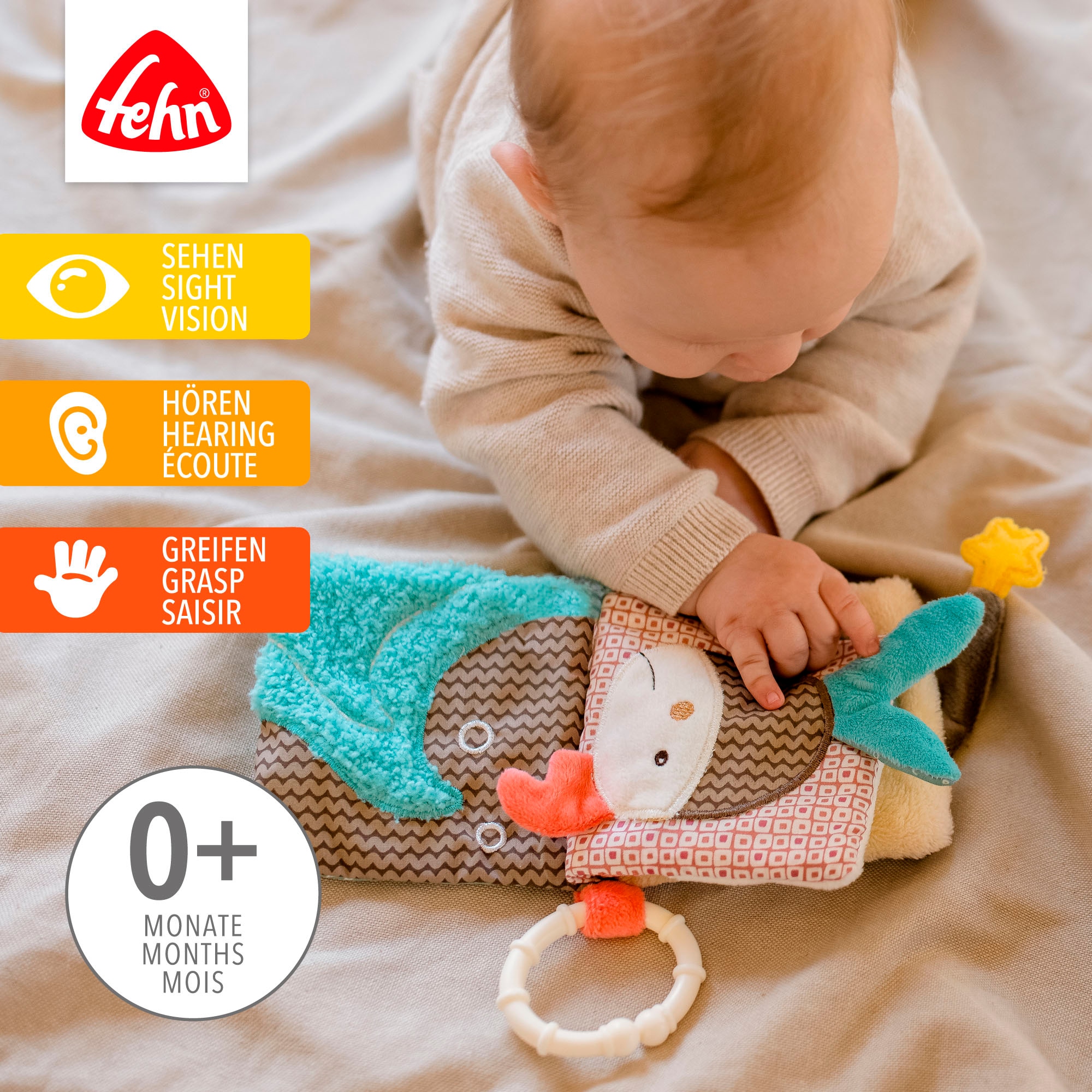 Fehn Greifspielzeug »Bruno, Stoffbuch«, mit Ring zur Befestigung an Kinderwagen, Babyschale oder Bett