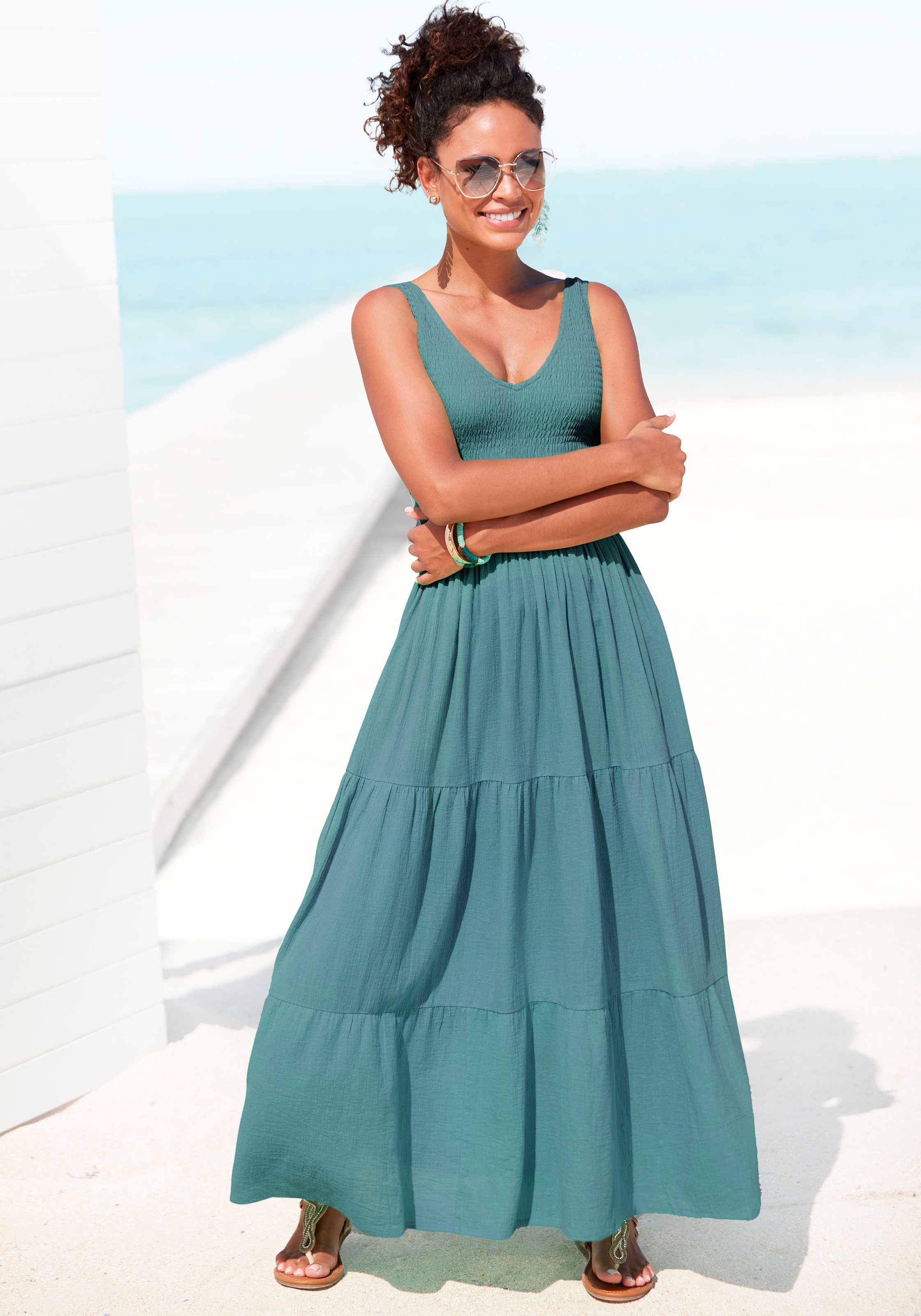 Maxikleid, aus gewebter Baumwolle, Sommerkleid mit gestuftem Rock