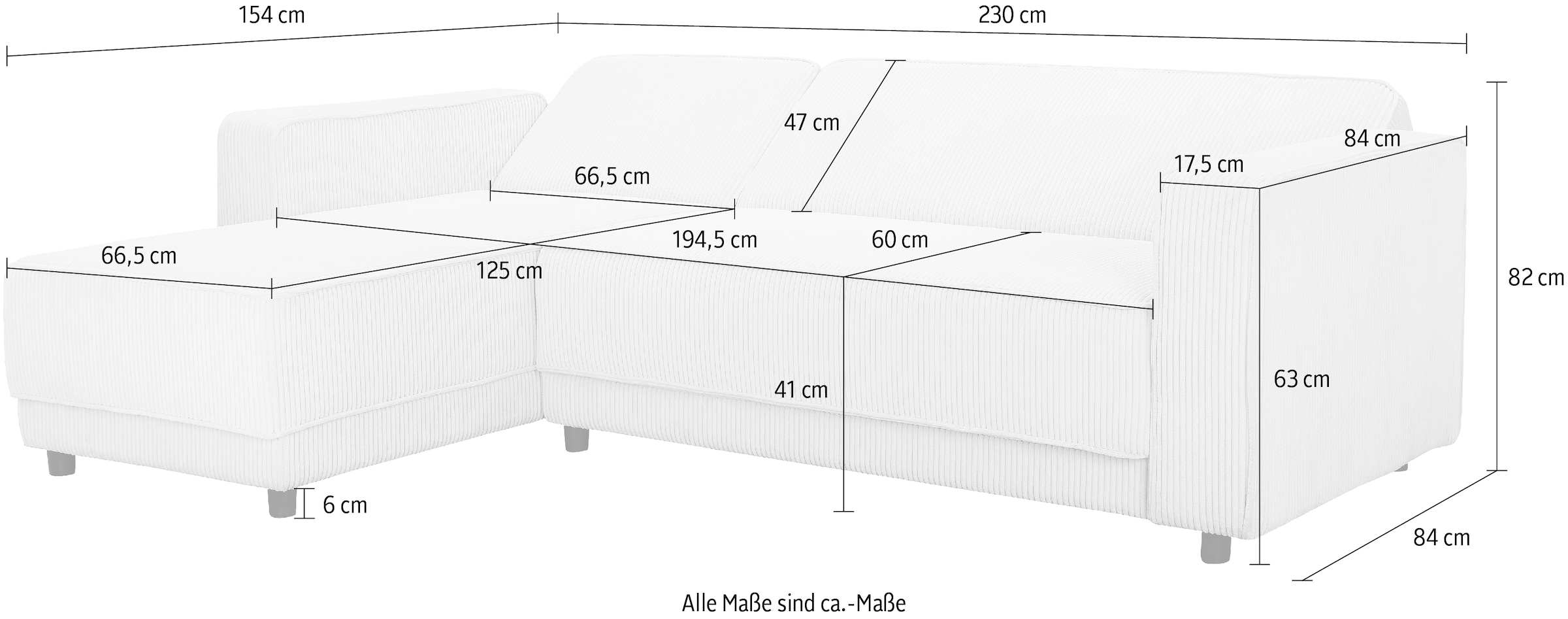 Dorel Home Ecksofa »Allie Schlafsofa 230 cm mit Relaxfunktion in der Rückenlehne«, Schlaffunktion (108/194,5cm), trendiger Cord o. pflegeleichter Velours