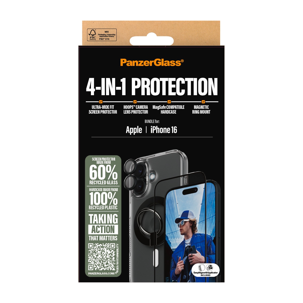 PanzerGlass Displayschutzglas »4-in-1 Protection«, für Apple iPhone 16, (Set, 4 St., bestehend aus Ultra-Wide Fit Glass, Case, Hoops, Ring Mount), Displayschutzfolie, Set, Kameraglas, Cover, MagSafe, kratz- & stossfest