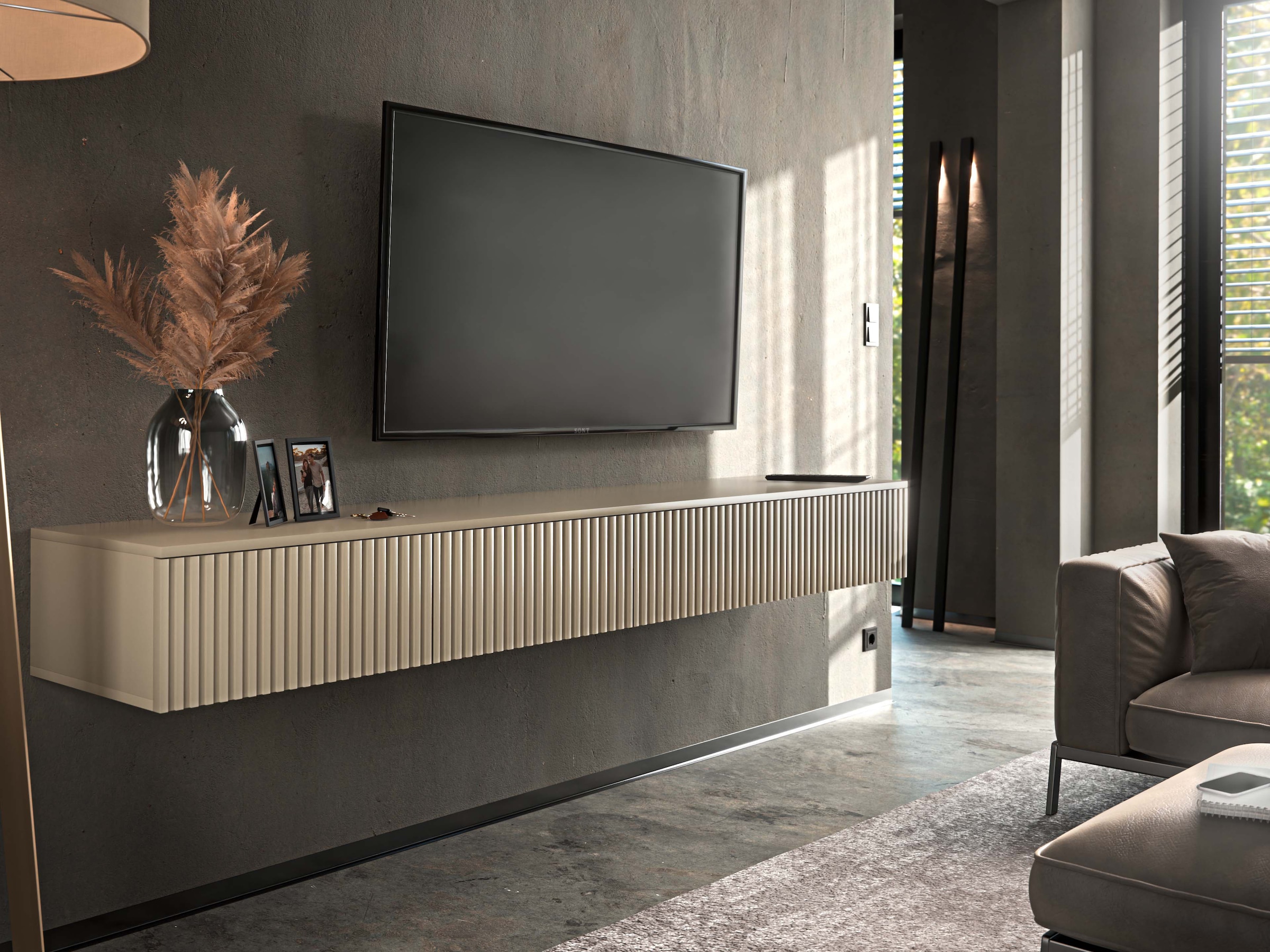 HBZ Table basse »Lowboard Lanai, hängend, mit moderner Rillenoptik« 1 cuis tlg. Largeur 200cm, revêtement mélaminé, ouverture par pression