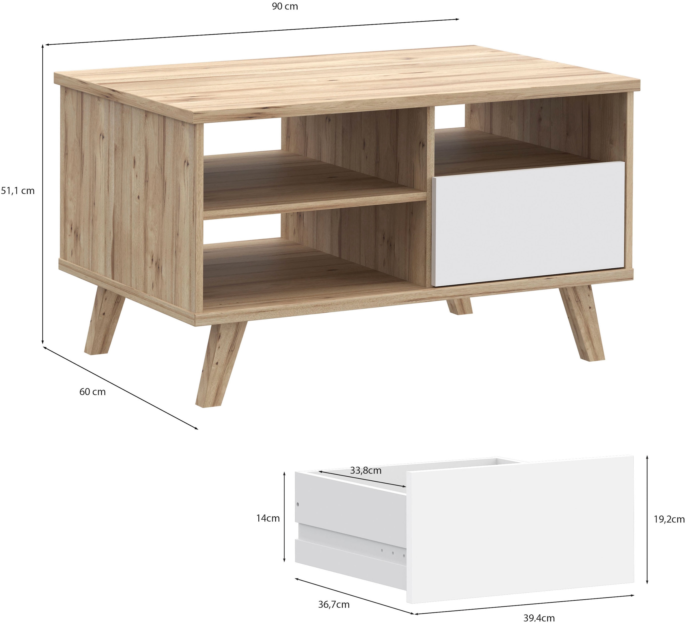 FORTE Couchtisch »Vankka Coffee Table« B/H/T 90/51,8/60 cm,  90 x 60 cm Schublade, offen Fächer, Stauraun