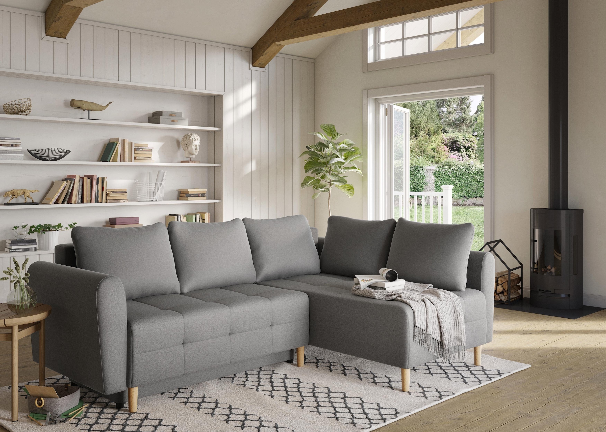 Home affaire Ecksofa »Nordic L-Form«, mit Bettfunktion und Bettkasten, Steppung, Federkern, 2 Zierkissen
