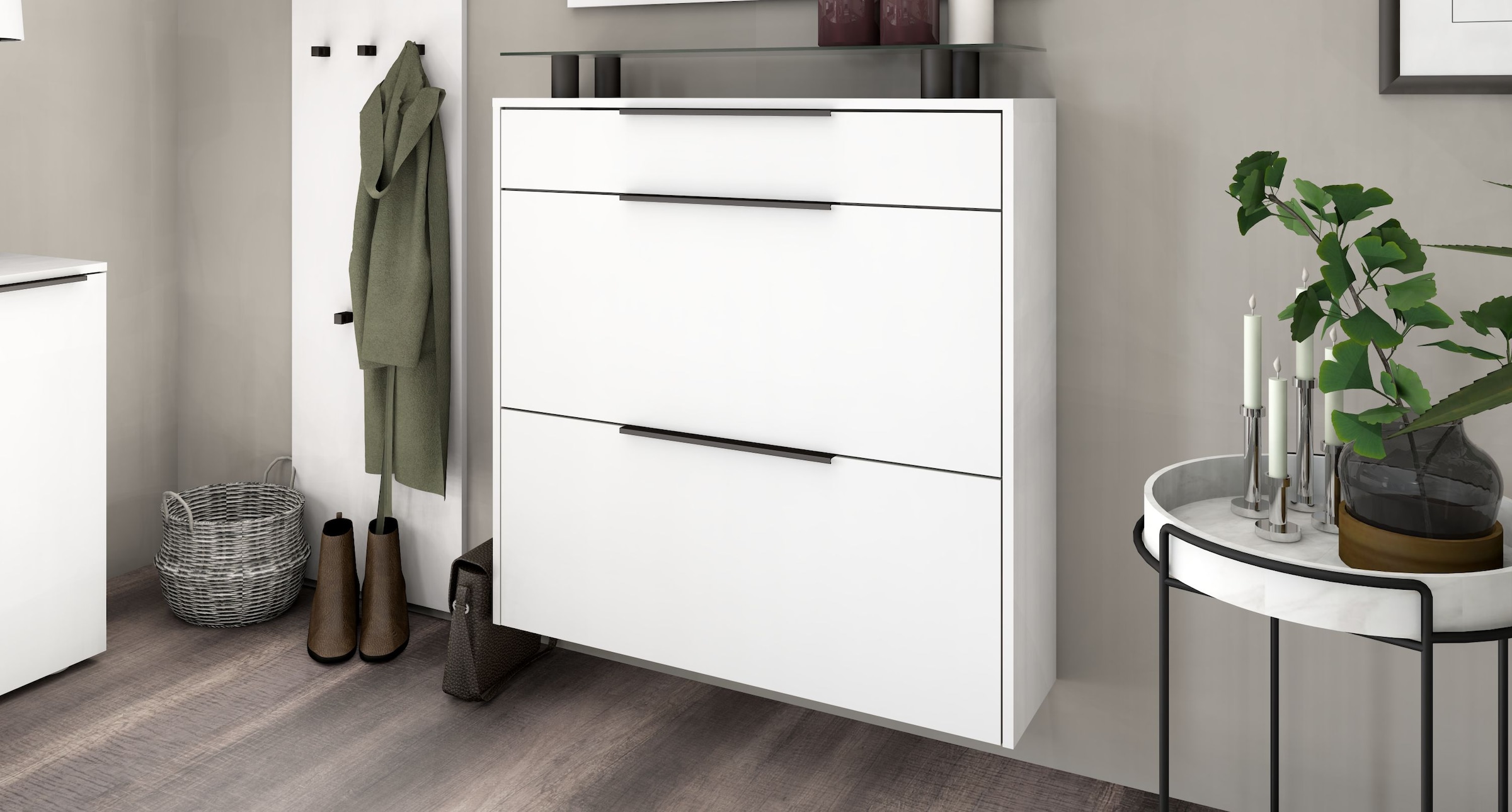 Image of borchardt Möbel Schuhschrank "Tom, Hängeschrank mit Glasablage und Metallgriffen" Mit 2 Klappen, dahinter 4 Fächer, und 1 Schubkasten