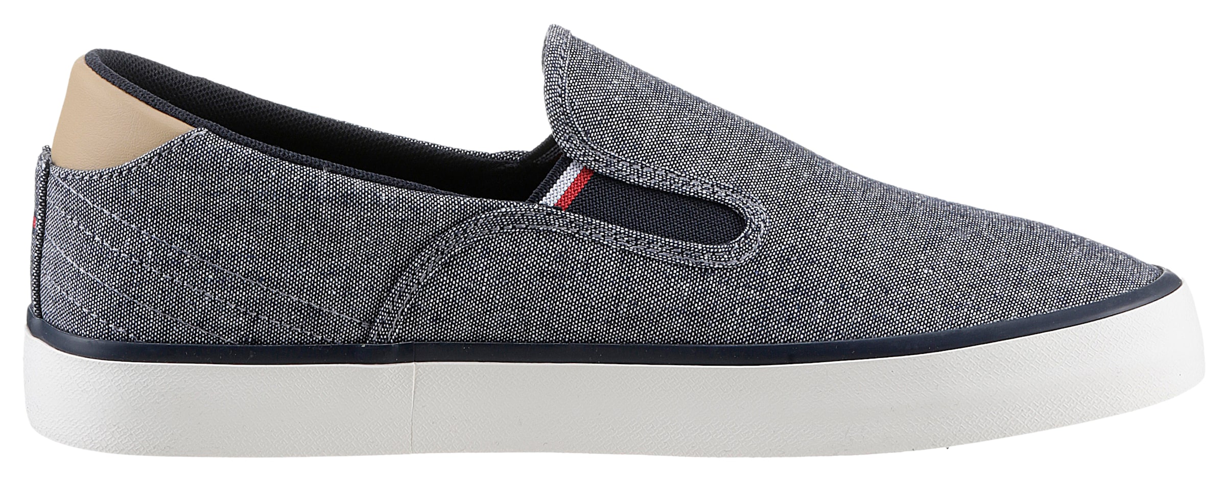 Tommy Hilfiger Slipper »TH HI VULC LOW SLIPON CHAMBRAY«, Slip-On Sneaker, Freizeitschuh mit praktischen Stretcheinsätzen