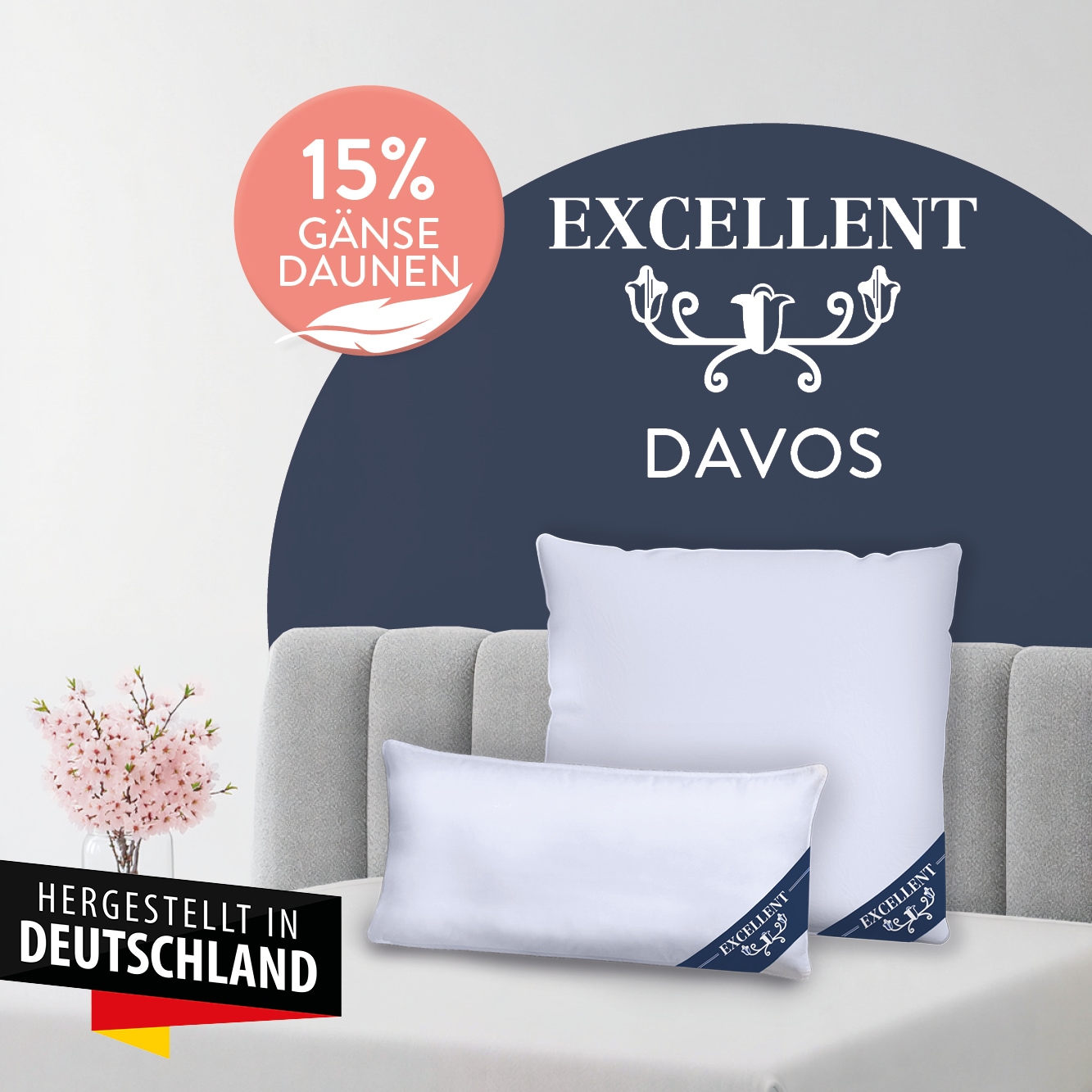 Image of Excellent Federkissen "Davos" Füllung: 85Gaensefedern15Gaensedaunen 1 Stk. tlg. Kopfkissen in 40x80 und 80x80