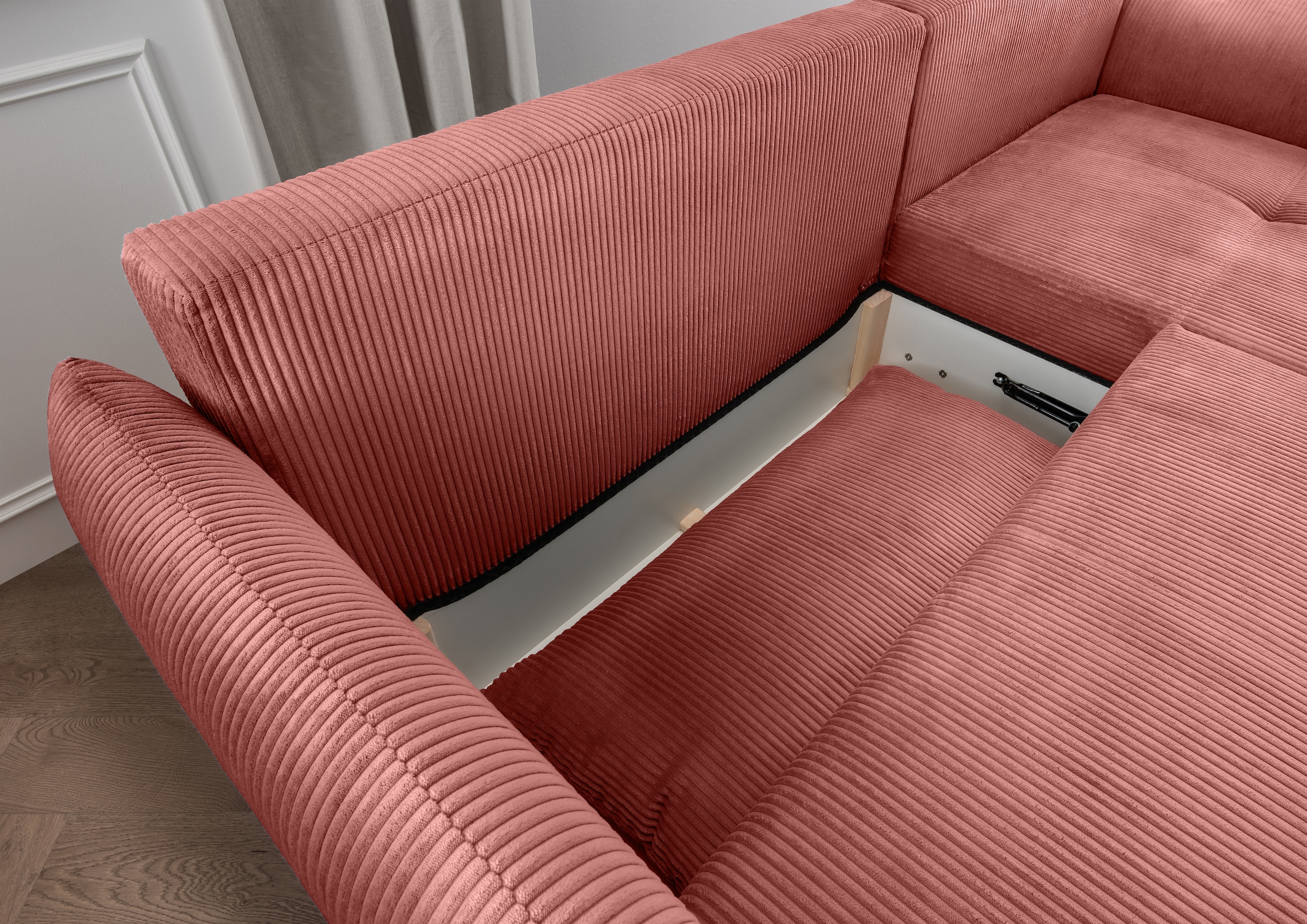 INOSIGN Ecksofa »Mara, L-Form, aktueller Cord Bezug und tolle Farben, schmale Armlehnen«, whlw. mit Bettfunktion,Recamiere links/rechts montierbar, Breite 238cm