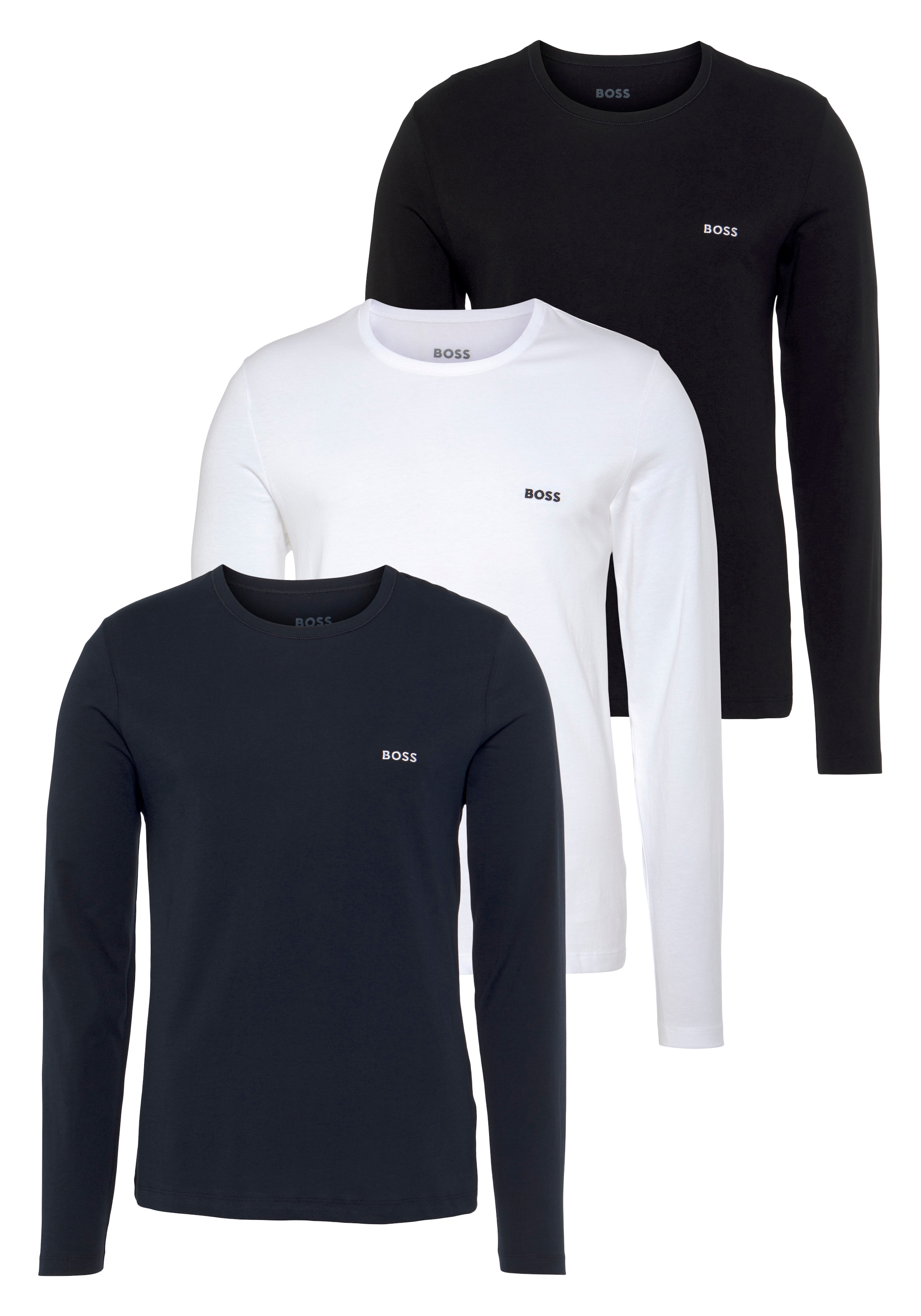 Image of BOSS Langarmshirt "longsleeve-Shirt R-Neck Classic COTTON 3pcs/pack" 3 Stk. mit BOSS Logo-Schriftzug