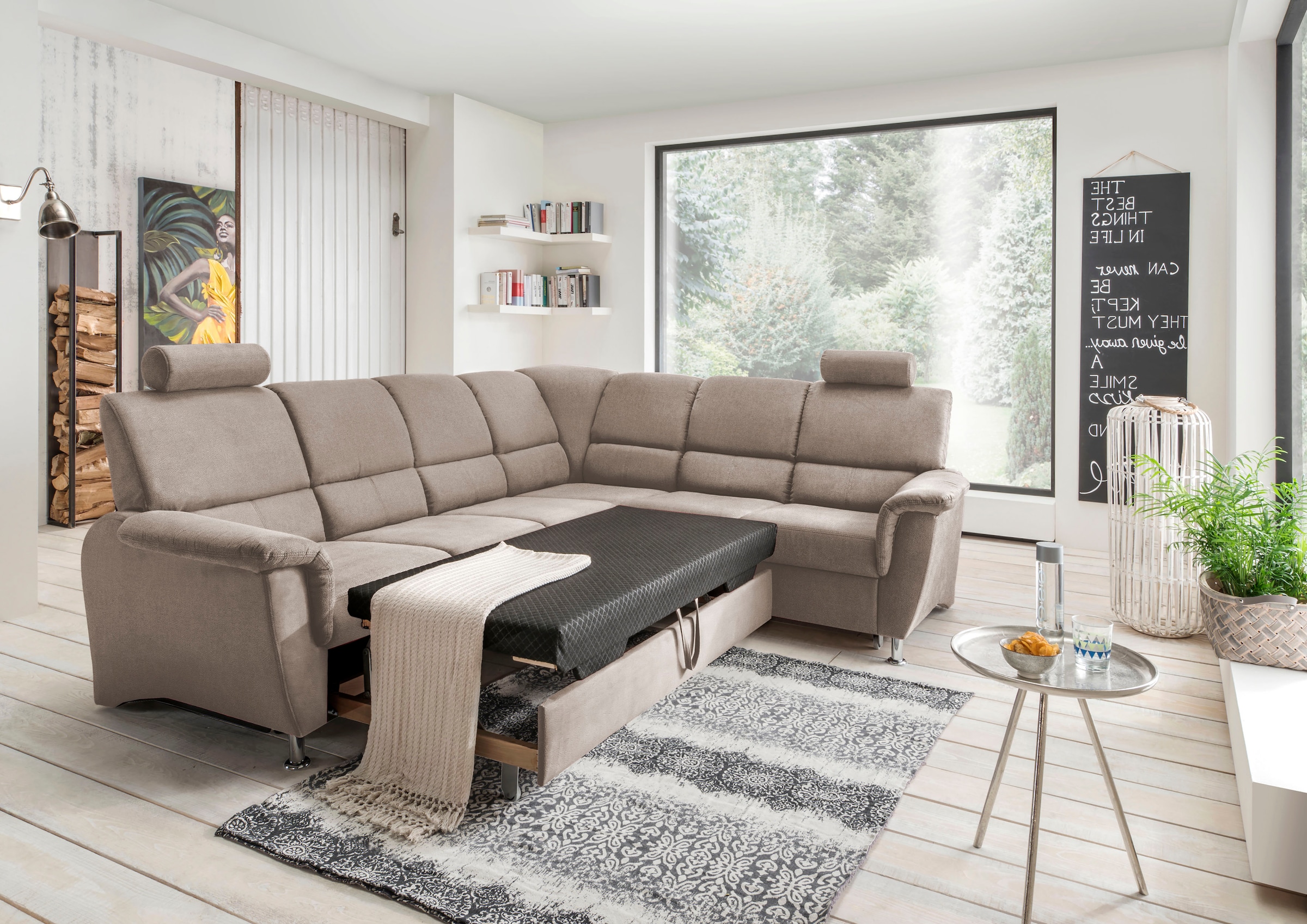 Home affaire Ecksofa »Pisa L-Form, mit Schlaffunktion, Stauraum, 2x höhenverstellbare«, Kopfstützen und Relaxfunktion im Eckelement