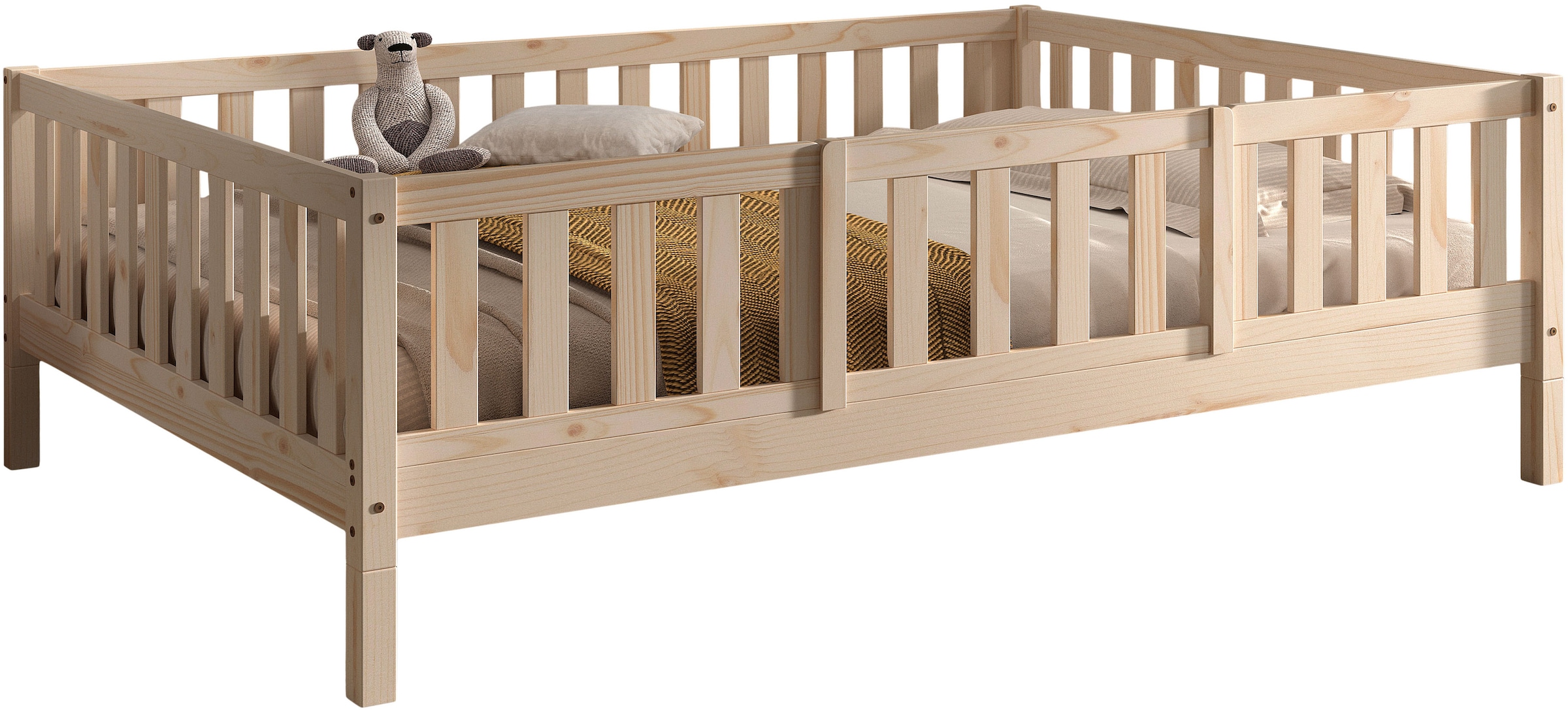 Vipack Daybett »Dallas Massiv Bett mit Rausfallschutz umbaubar vom Boden- zum Daybett« mit Bettschublade, wahlweise Kiefer massiv natur oder weiss