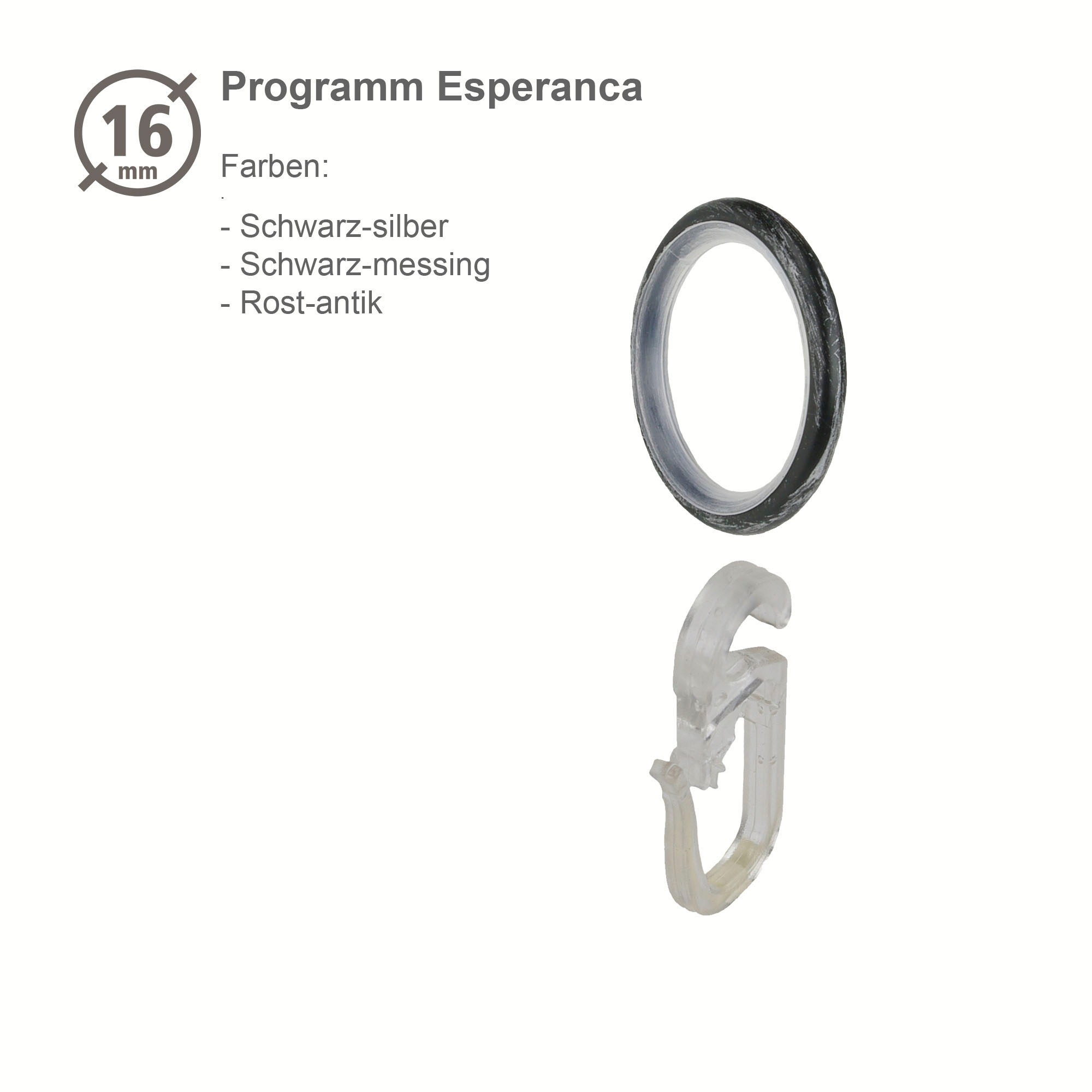 Liedeco Gardinenring »Gardinenring, Stilring, Ringe für Gardinenrohre 16 mm "Esperanca"« Gardinenring mit Faltenlegehaken