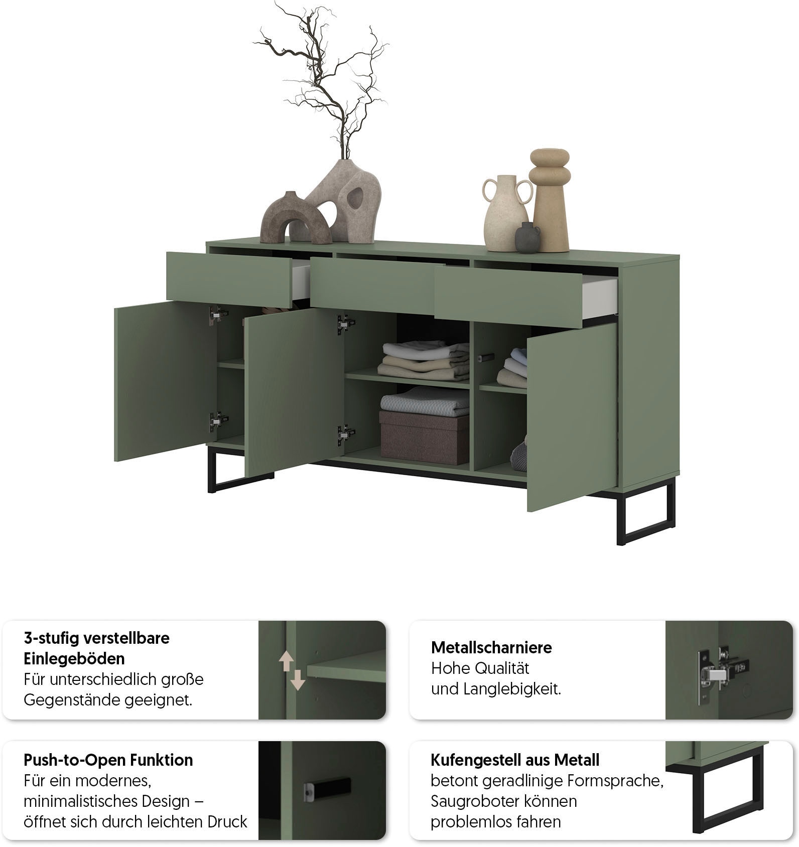 GOODproduct Sideboard »Loft, Breite 157 cm, grifflose Kommode 3 Türen/3 Schubkästen.« Schubladenschrank mit viel Stauraum, Einlegeböden verstellbar