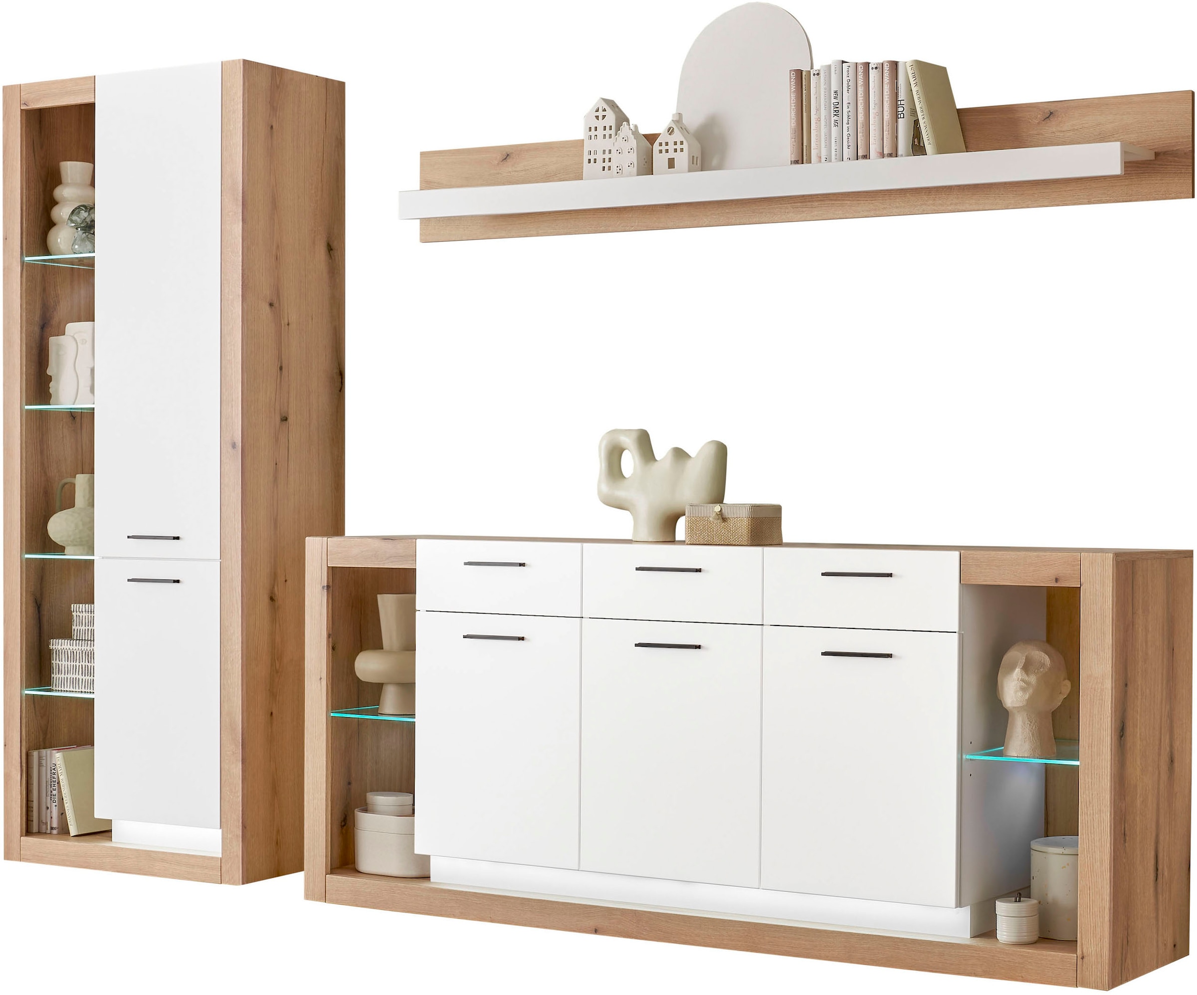 INOSIGN Wohnwand »Brixen, moderne Anbauwand, Wohnzimmer-Set, Eiche Evoke Dekor mit Weiss«, (Set, 3 St.), enthält Stauraumelement, Sideboard und Wandboard