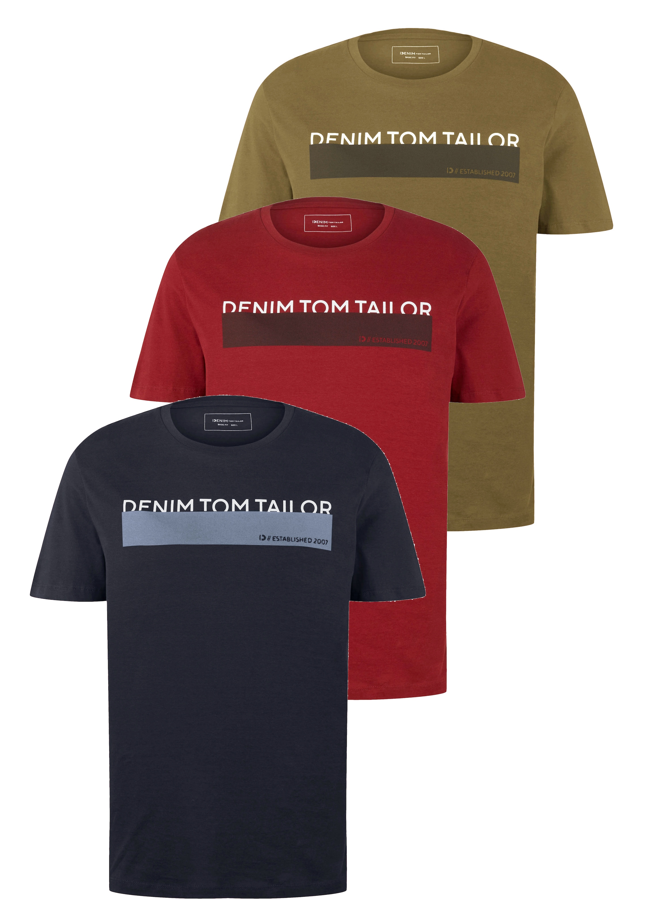 Image of TOM TAILOR Denim Rundhalsshirt Packung, 3 Stk. mit Logo Print