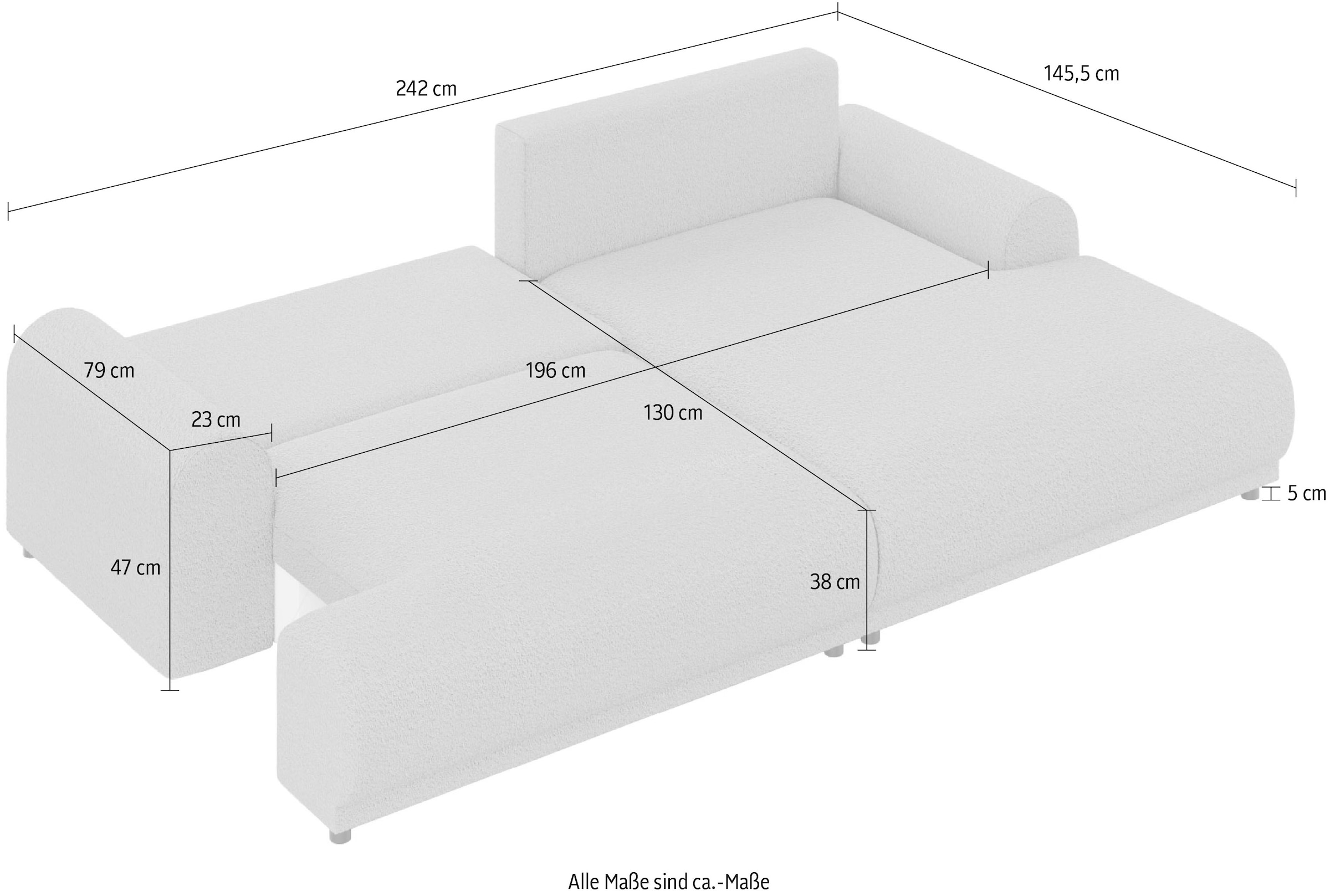 INOSIGN Ecksofa »Marsby, mit Bettfunktion und Bettkasten, Masse: B/H/T 242/65/145 cm«, L-Form mit Wellenunterfederung, Recamiere links oder rechts bestellbar