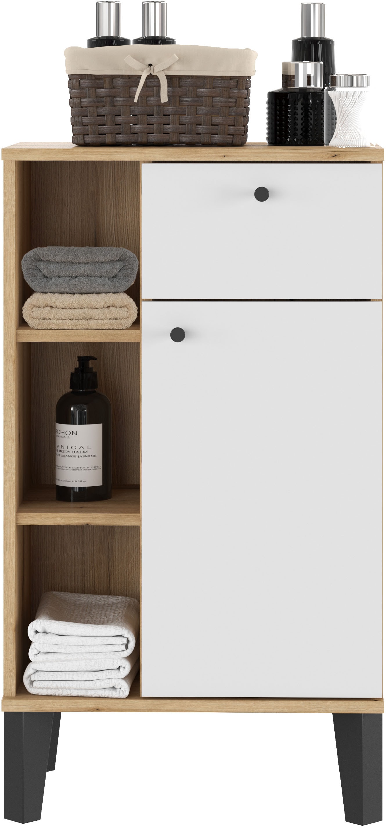Home affaire Armoire intermédiaire »Oslo, Badschrank mit Knopfgriff, Schrank im skandinavischen Design« disponible en blanc ou gris, suffisamment d’espace de rangement