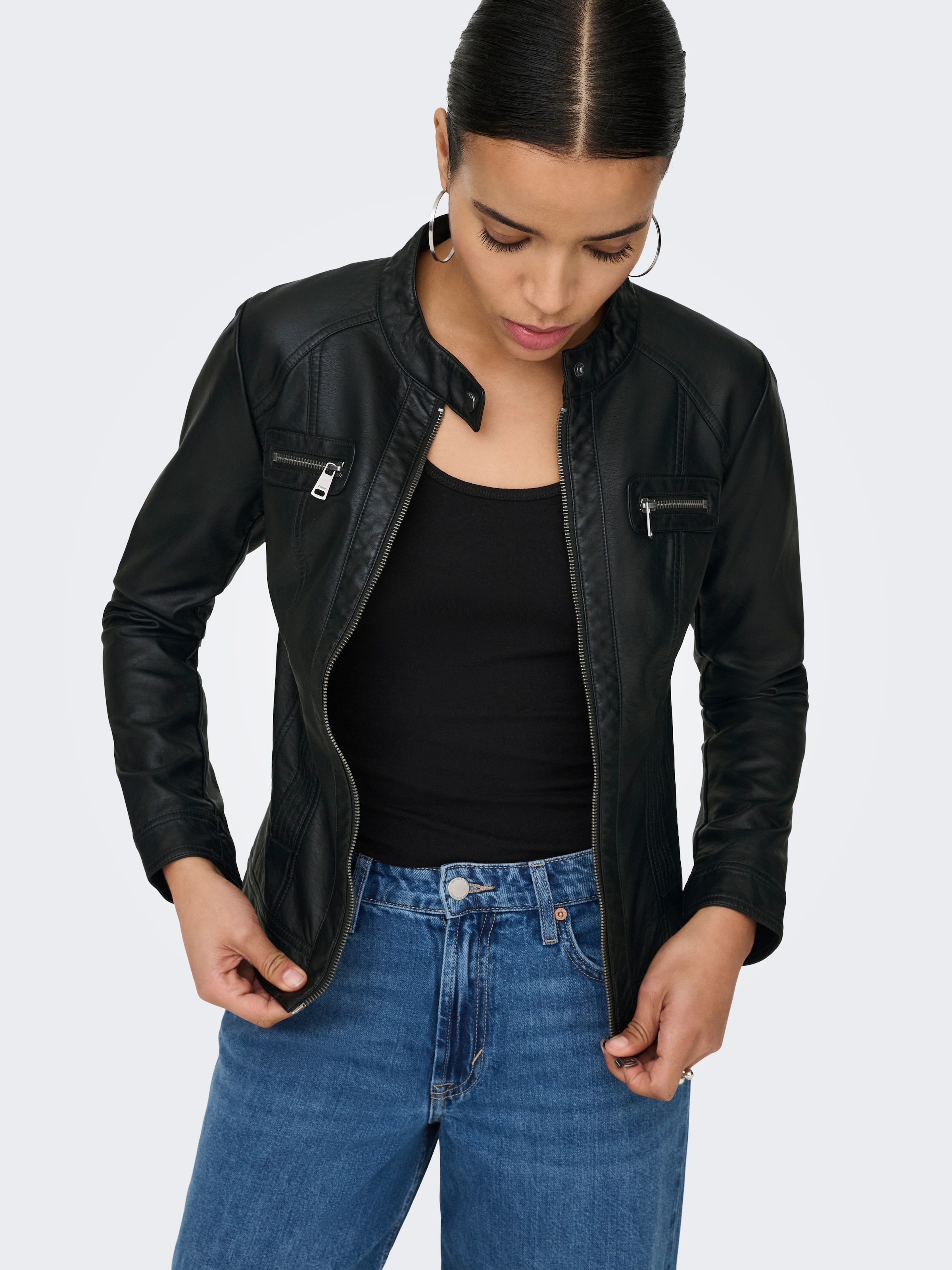 Image of ONLY Lederimitatjacke "ONLBANDIT – Bikerjacke mit figurbetonter Form und Reissverschlüssen" Lederimitat
