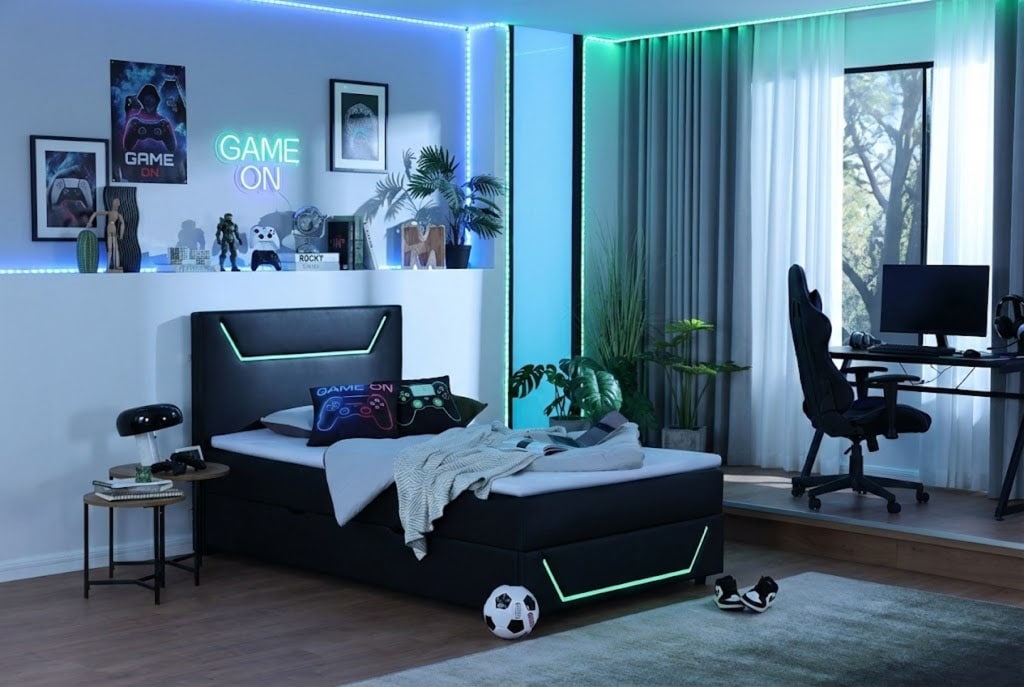 Home affaire Lit de boxe »GALAXY inkl. Bettkasten, mit grüner LED-Beleuchtung, Breite: 120cm« Gamingbett mit USB-C und USB-A Anschluss am Kopfteil, inkl. Topper