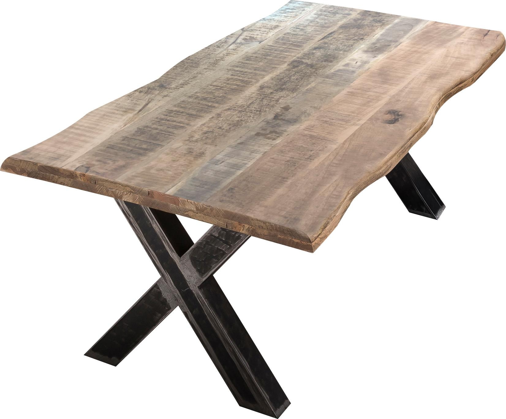 SIT Table de salle à manger »Quito Mango Massivholz mit Baumkante & X-Gestell im Used-Look« Chant en manguier massif avec structure en X marquée