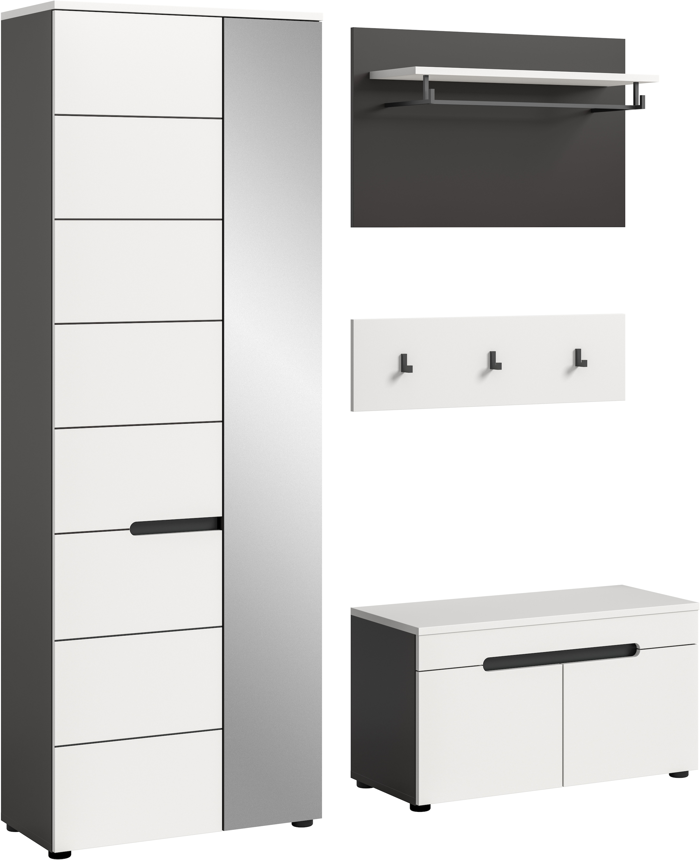 Home affaire Garderoben-Set »REHAT, TOPSELLER!, 4-teilig, Breite 160cm, individuell stellbar« bestehend aus: Garderobenschrank, Sitzbank, Paneel, Hakenleiste, 3 Stk. tlg.