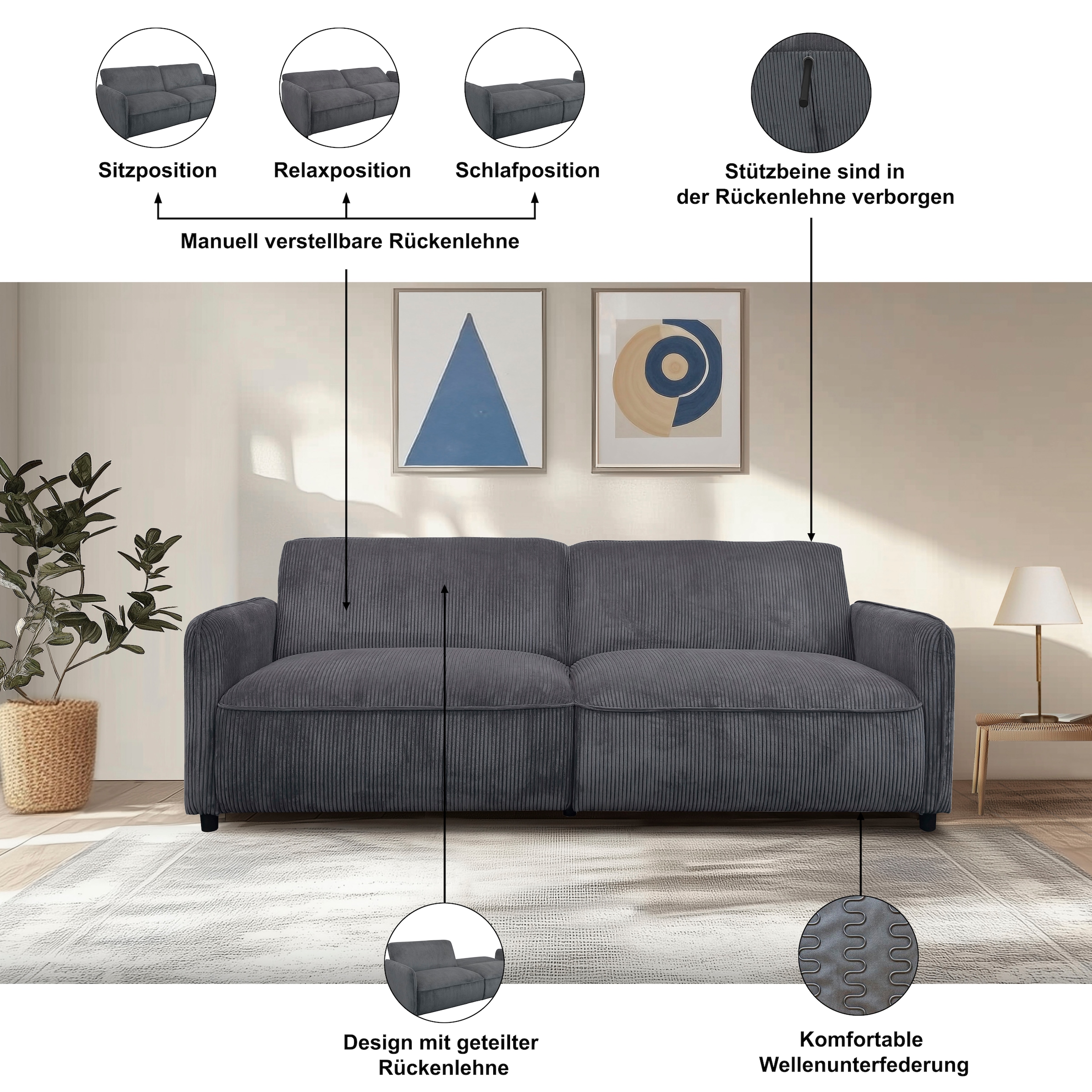 Dorel Home 3-places »Allie Curved Schlafsofa 209 cm« Bettfunktion (110/190), verstellbare Rückenlehne, Cord u. Velours