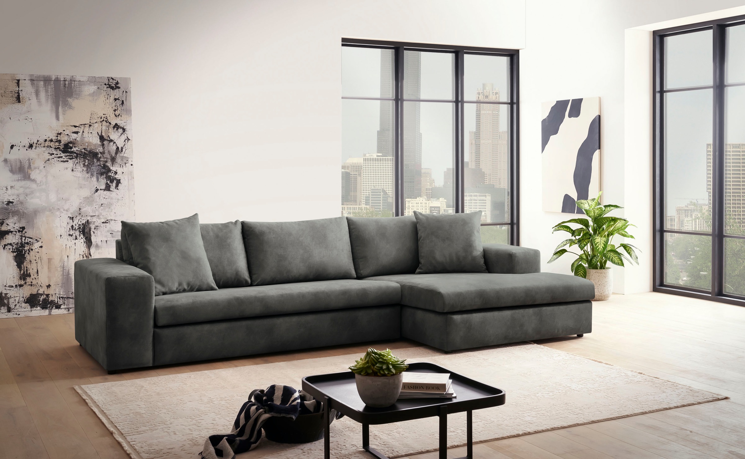 andas Ecksofa »SLEETLAND XXL in Samtvelours oder Vintage-Leder-Optik, L-Form,«, besonders gross und bequem