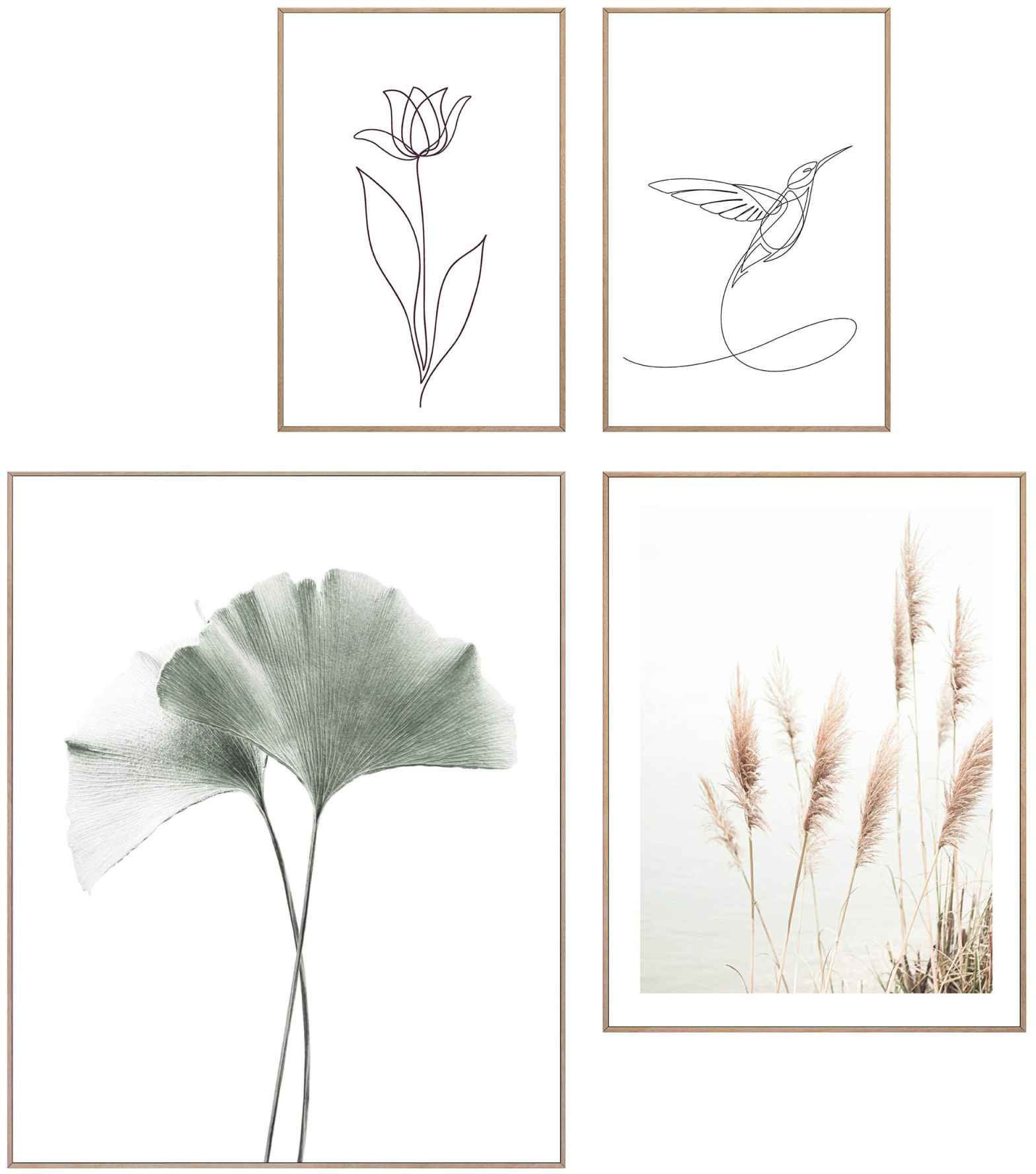 Image of Reinders! Wandbild »Wandbilder Set Linienzeichnung Natur Ginkgo - Kolibrie - Pflanz - Blum - Kunst«, Natur, (4 St.) bei Ackermann Versand Schweiz