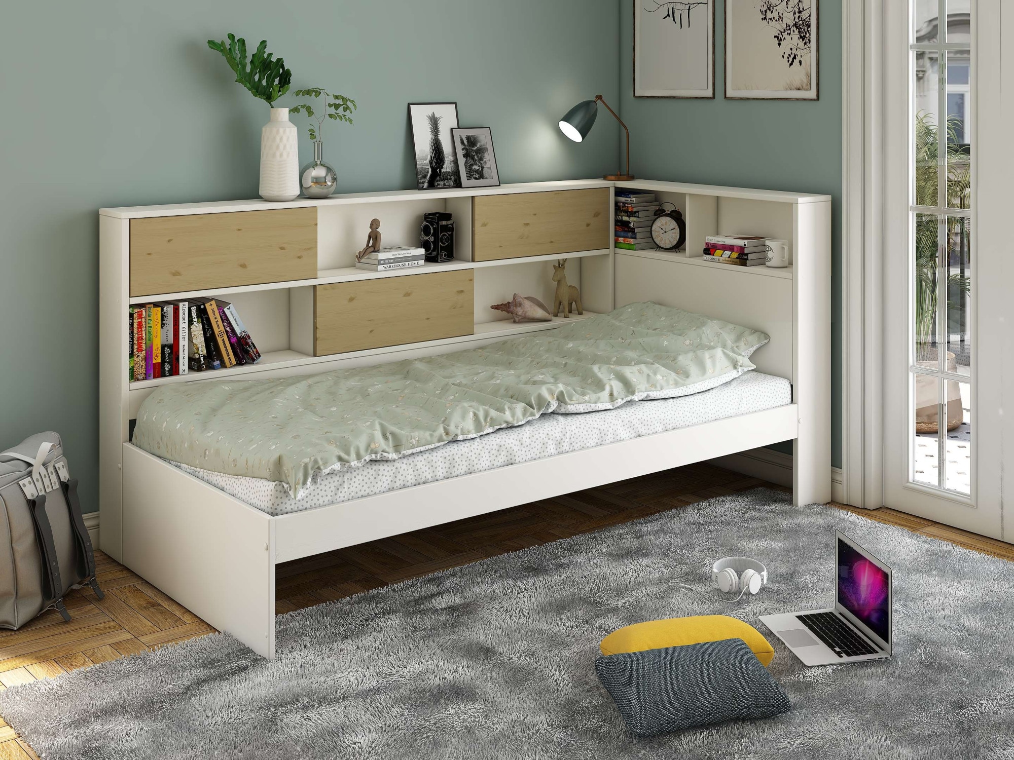 Home affaire Stauraumbett »Amance, Massivholz mit MDF, viel Stauraum, ideal für kleine Räume«, (Aussenmasse B/T/H: 110,2/220,1/106,9 cm), FSC® zertifiziert, inklusive Lattenrost, Made in EU