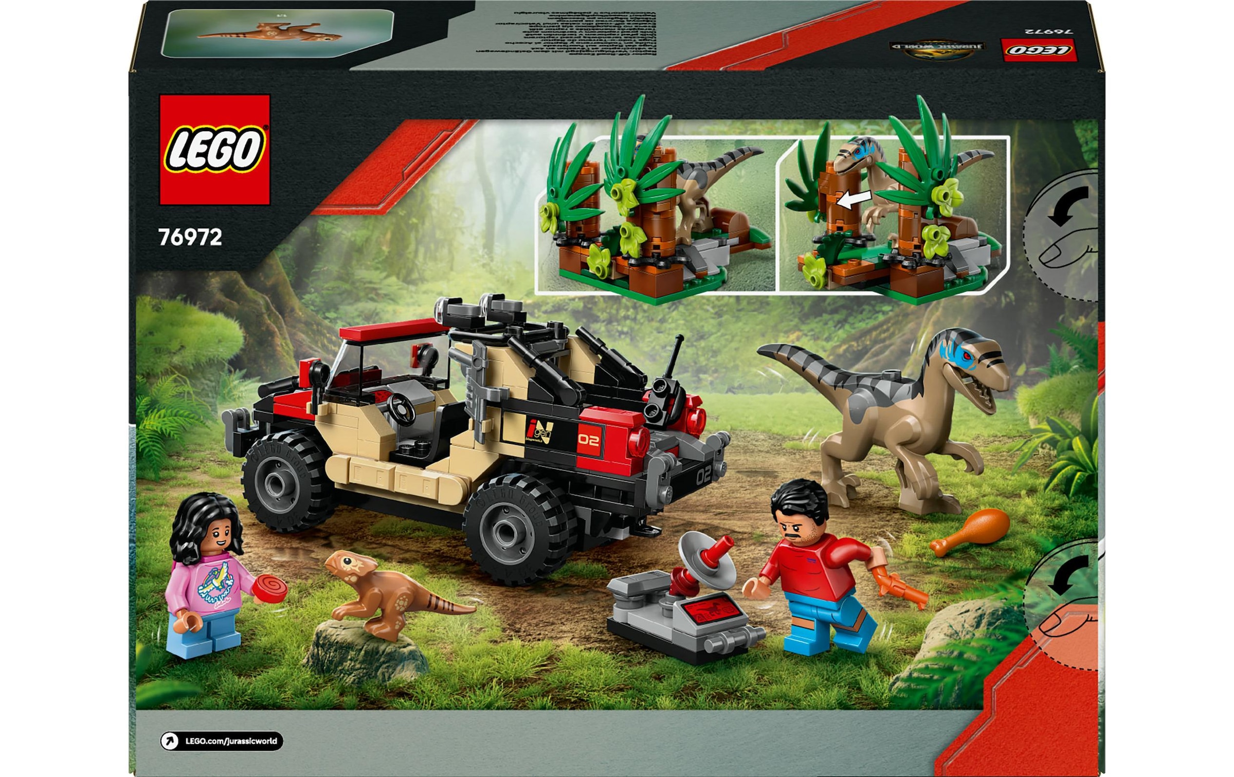 LEGO® Spielbausteine »Jurassic World Raptor: Verfolgungsjagd mit dem Geländewagen«, (285 St.)