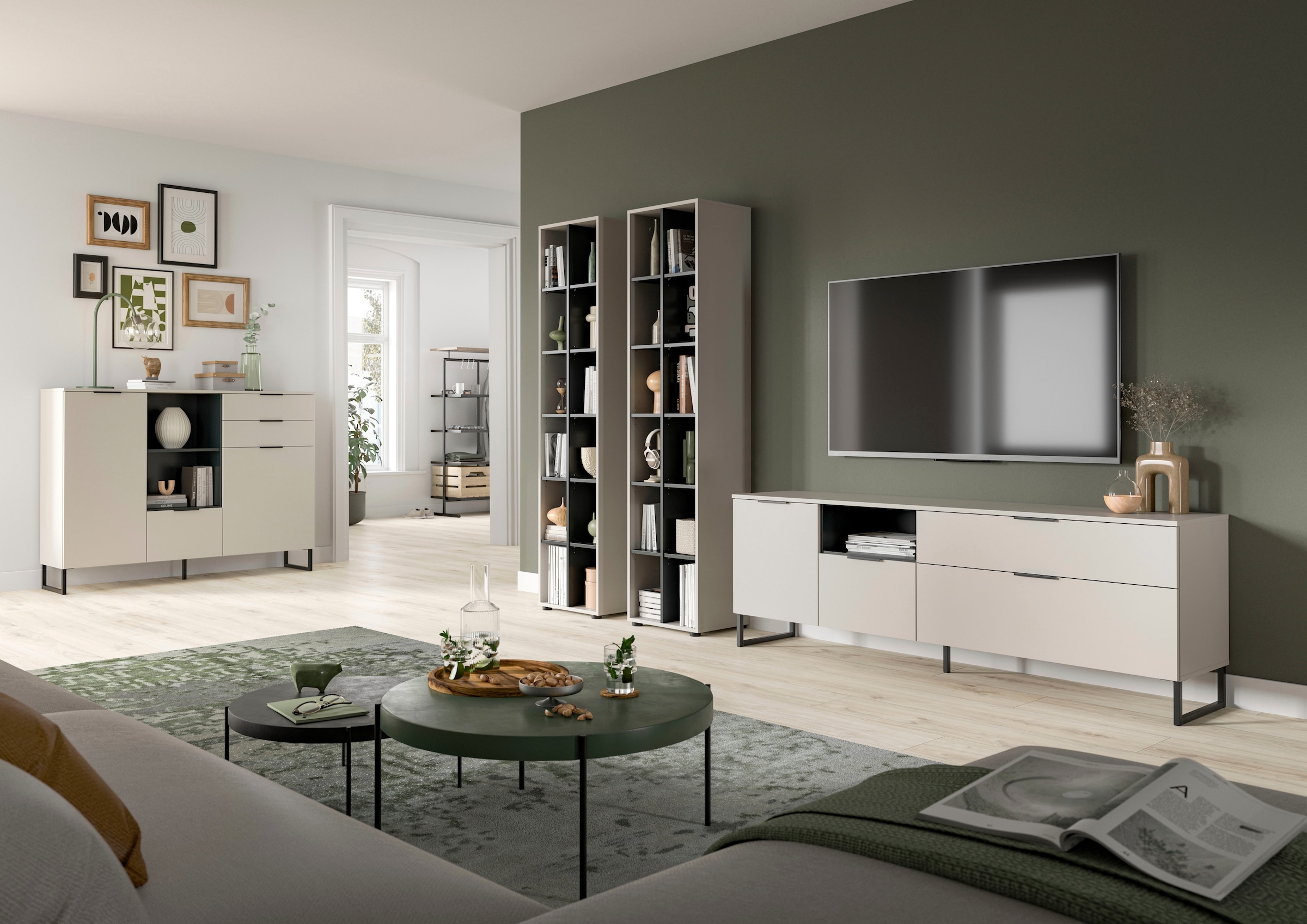 Home affaire Wohnwand »ADIO, Breite 305 cm, 3-teiliges Set, mit Metall-Kufenfüsse« Set, bestehend aus: 2x Standregal und Lowboard, 3 Stk. tlg.