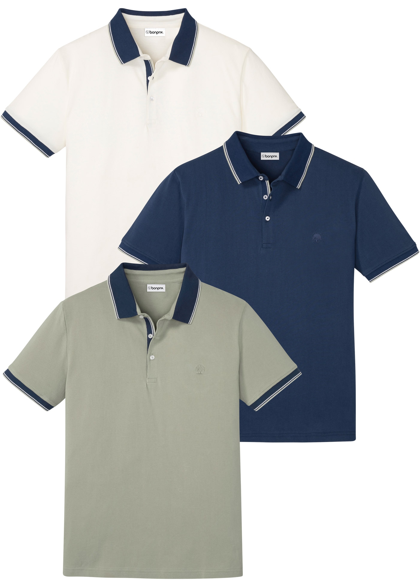 Image of bonprix Poloshirt Packung, 3 Regular Fit, Kurzarm, mit dezenter Bruststickerei, aus Baumwolle