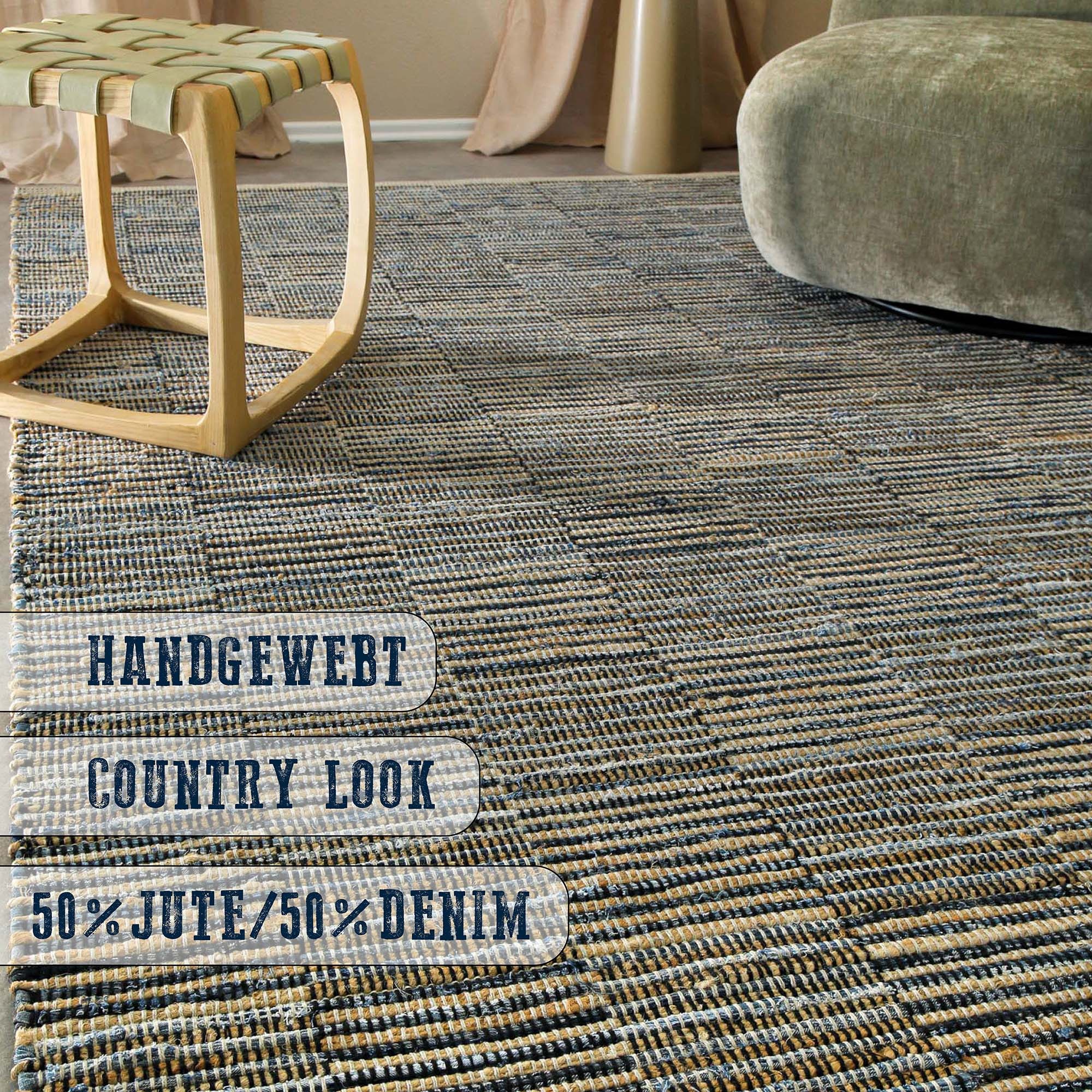 Wecon home Teppich »Denim Blues« rechteckig 6 mm Höhe handgewebt, robust, pflegeleicht, skandi, Natur, Jute, Wohnzimmer