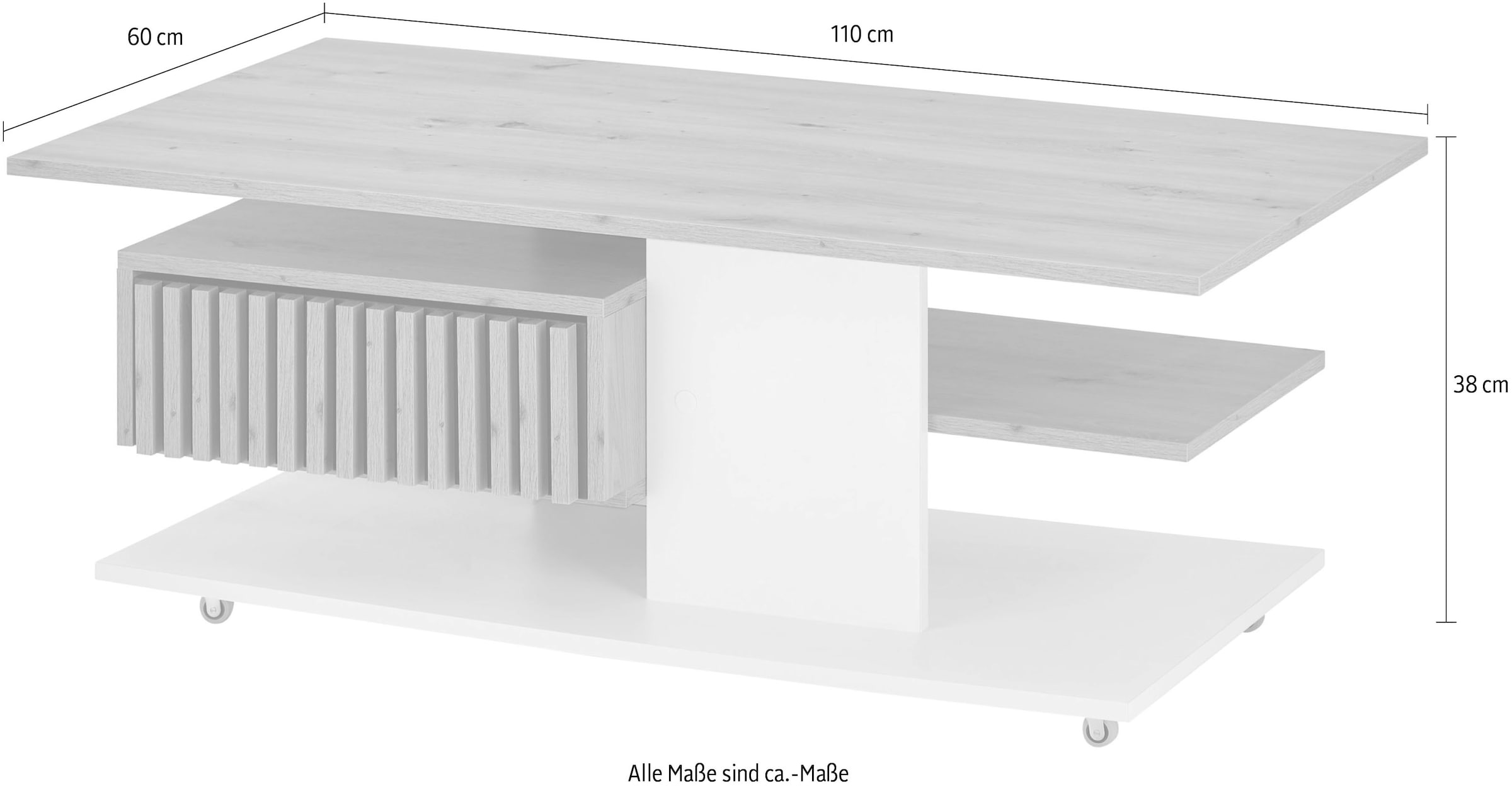 Stolkom Couchtisch »Ally Wohnzimmertisch rollbar Weiss, Artisan Dekor, BxHxT 110x44,5x60 cm«, Schubladenfront mit Lamellen-Optik, Couchtisch rollbar