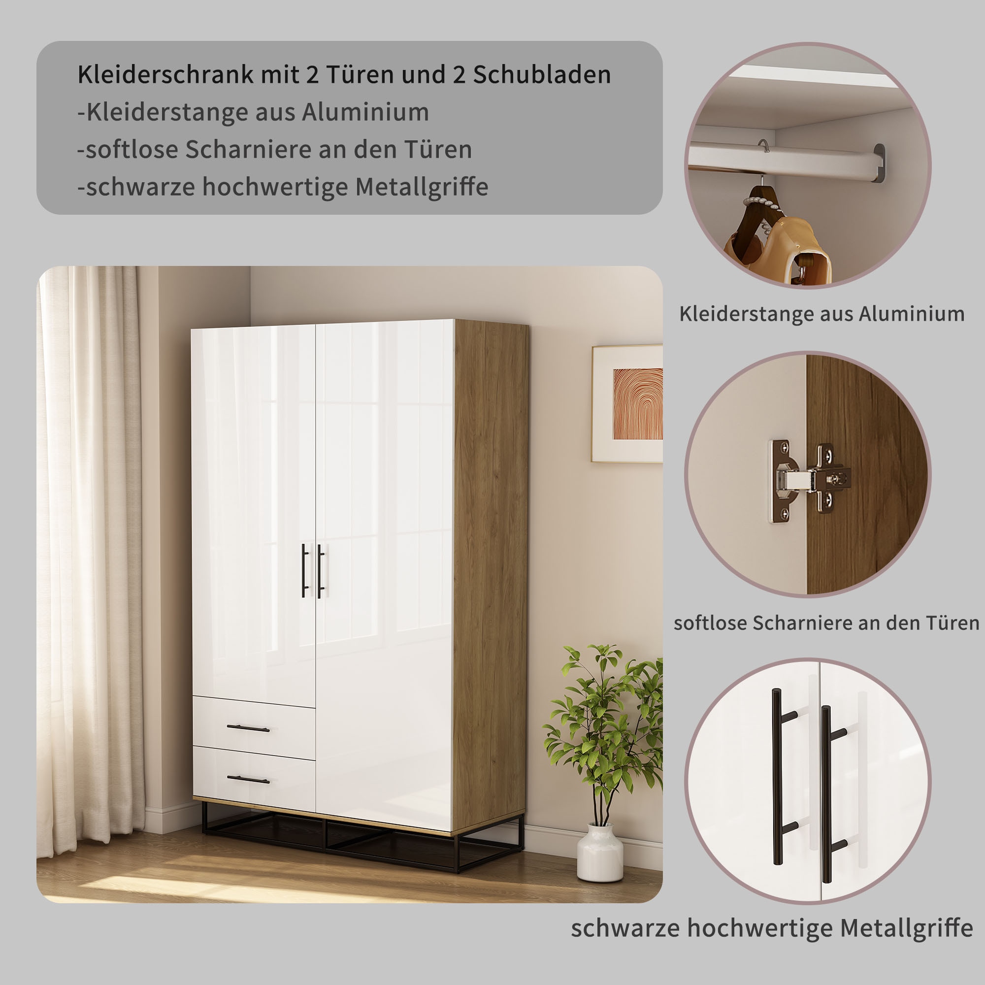 GOODproduct Kleiderschrank »Lucca Schlafzimmerschrank Garderobe Hochglanz Bestseller« Hochwertige schwarze Griffe und Kufengestell aus Metall, 