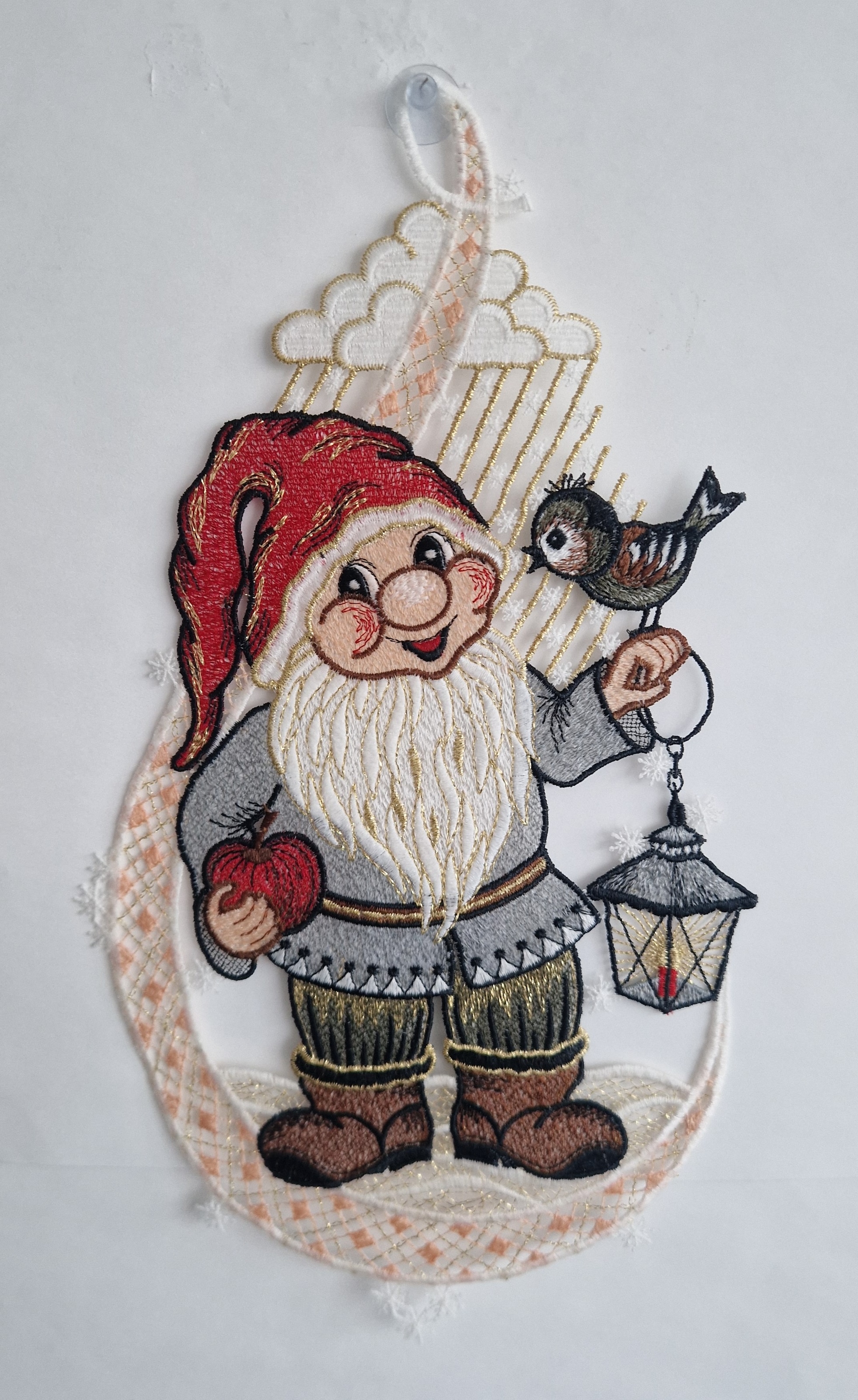 Image of Stickereien Plauen Fensterbild "Fensterbild Wichtel mit Laterne" echte Plauener Stickerei