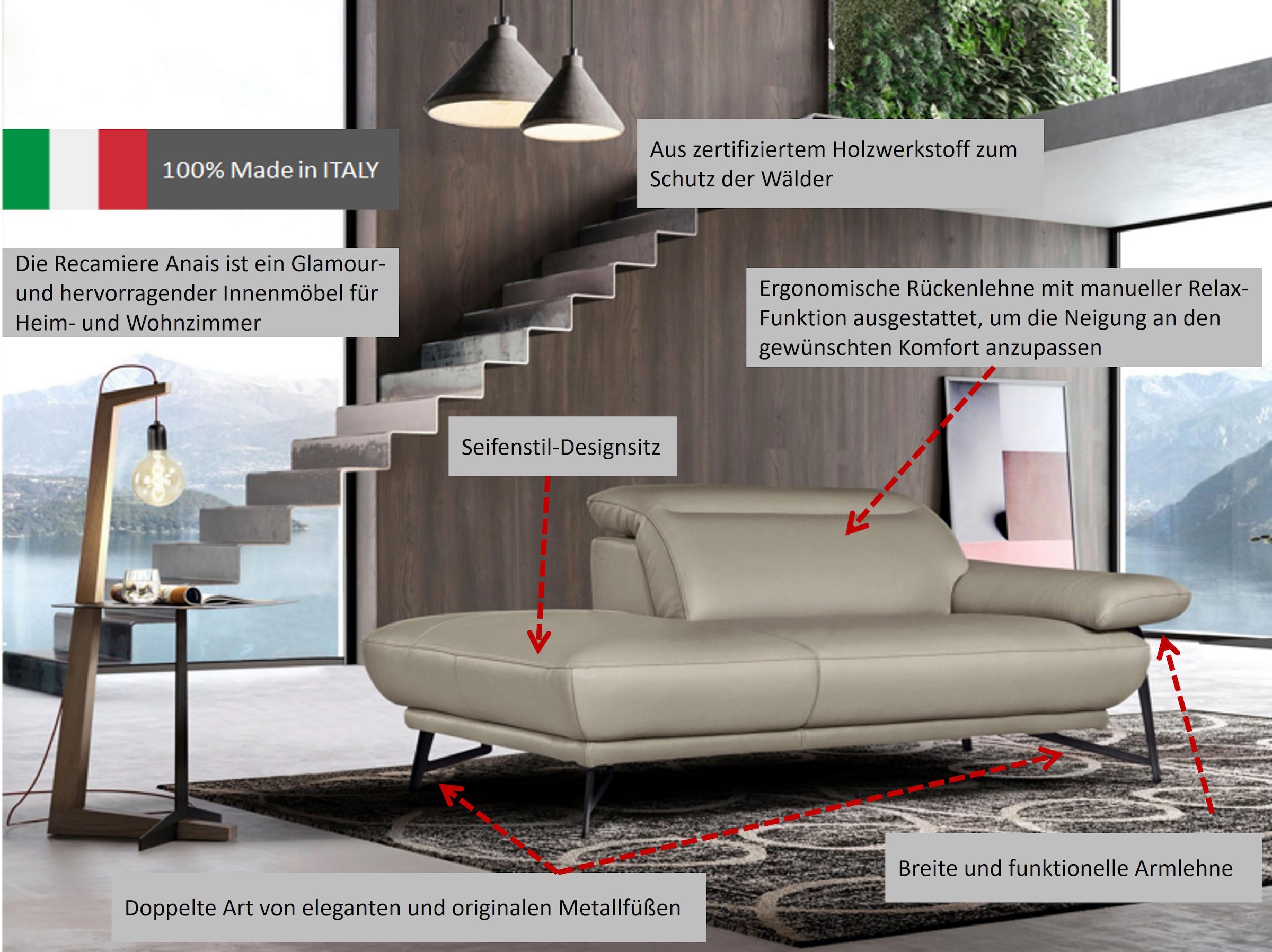 Egoitaliano Ottomane »Anais, erstklassiges Designsofa, Breite 179 cm, Fussfarbe chrom«, Kopfteil verstellbar, Luxus-Microfaser Lederoptik, opal grau