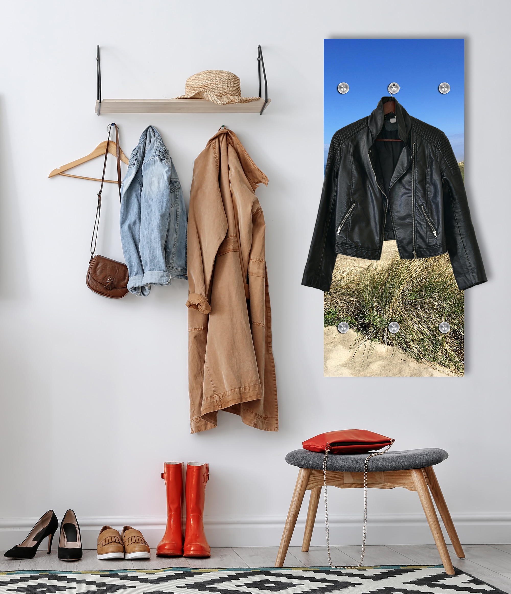 queence Panneau de vestiaire »Wandgarderobe mit Motiv Foto Dünen und Gräser inkl. Edelstahlhaken« 1 cuis tlg. impression HD Premium sur verre acrylique