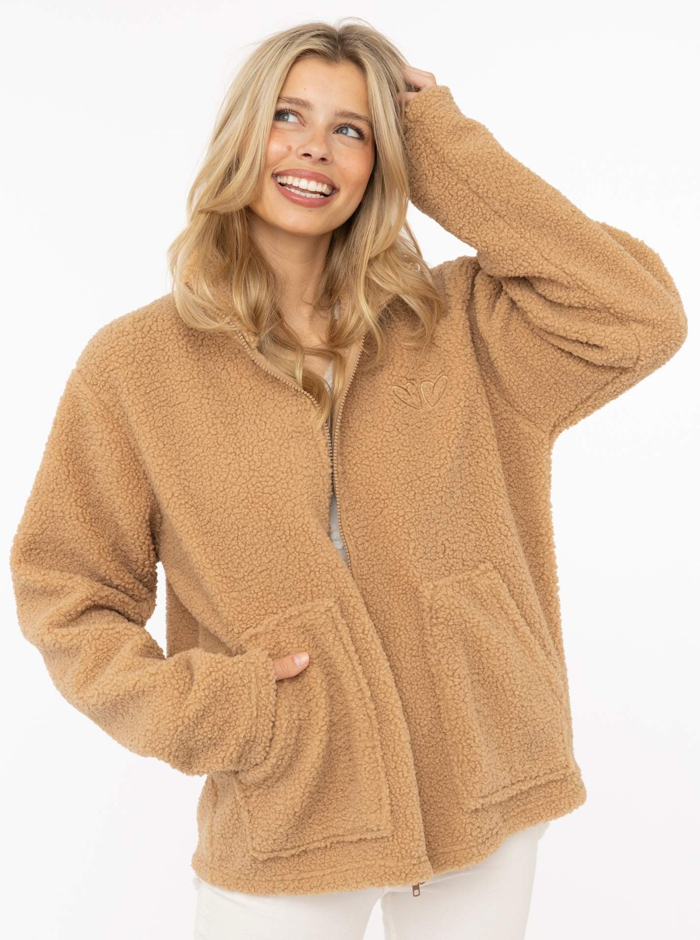 Image of Zwillingsherz Sweatjacke ""Zip Jacke Stick"" Stehkragen, aufgesetzte Taschen, Herzen hinten und vorne