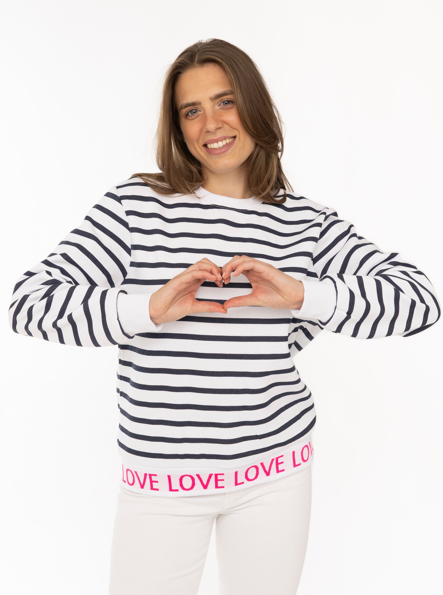 Image of Zwillingsherz Sweatshirt ""Love Love Love"", gestreift, Rundhals, elastische Bündchen mit Love-Schriftzug
