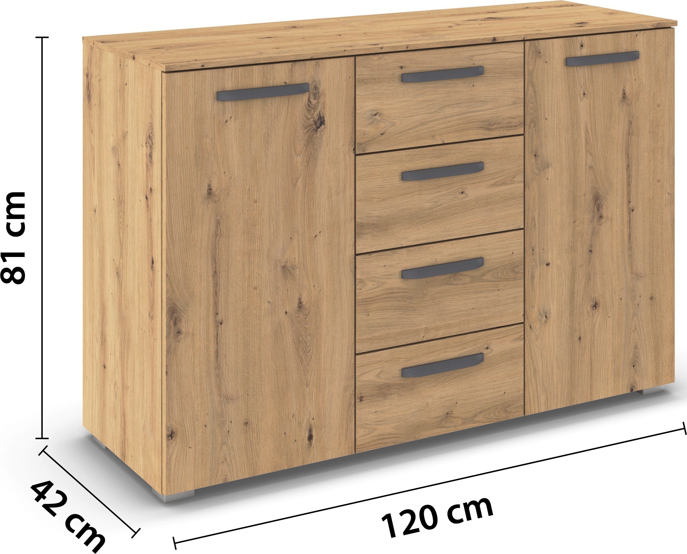 GOODproduct Commode combinée »Kommode Sideboard Schubladenkommode Schlafzimmerkommode OTELI« Largeur 120 cm avec fonction SOFT-CLOSE, façade décorative moderne,  quatre grands tiroirs et 2 portes, avec 4 étagères MADE IN GERMANY