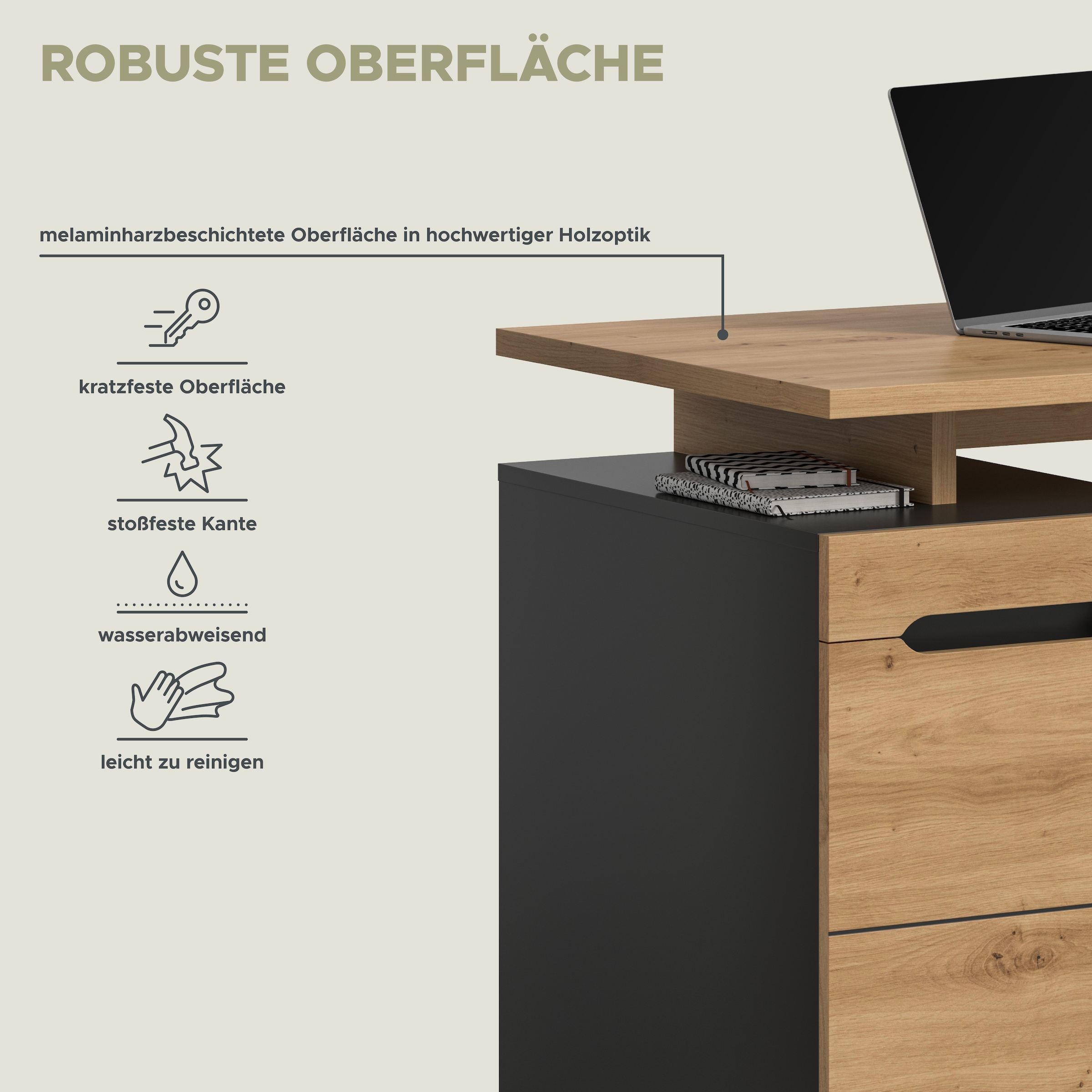 Home affaire Schreibtisch »REHAT, Bürotisch, Computertisch, Laptoptisch« bietet viel Stauraum für sämtliches Büromaterial,  grifflose Fronten, 1 Tür mit verstellbarem Einlegeboden, Breite: 138cm