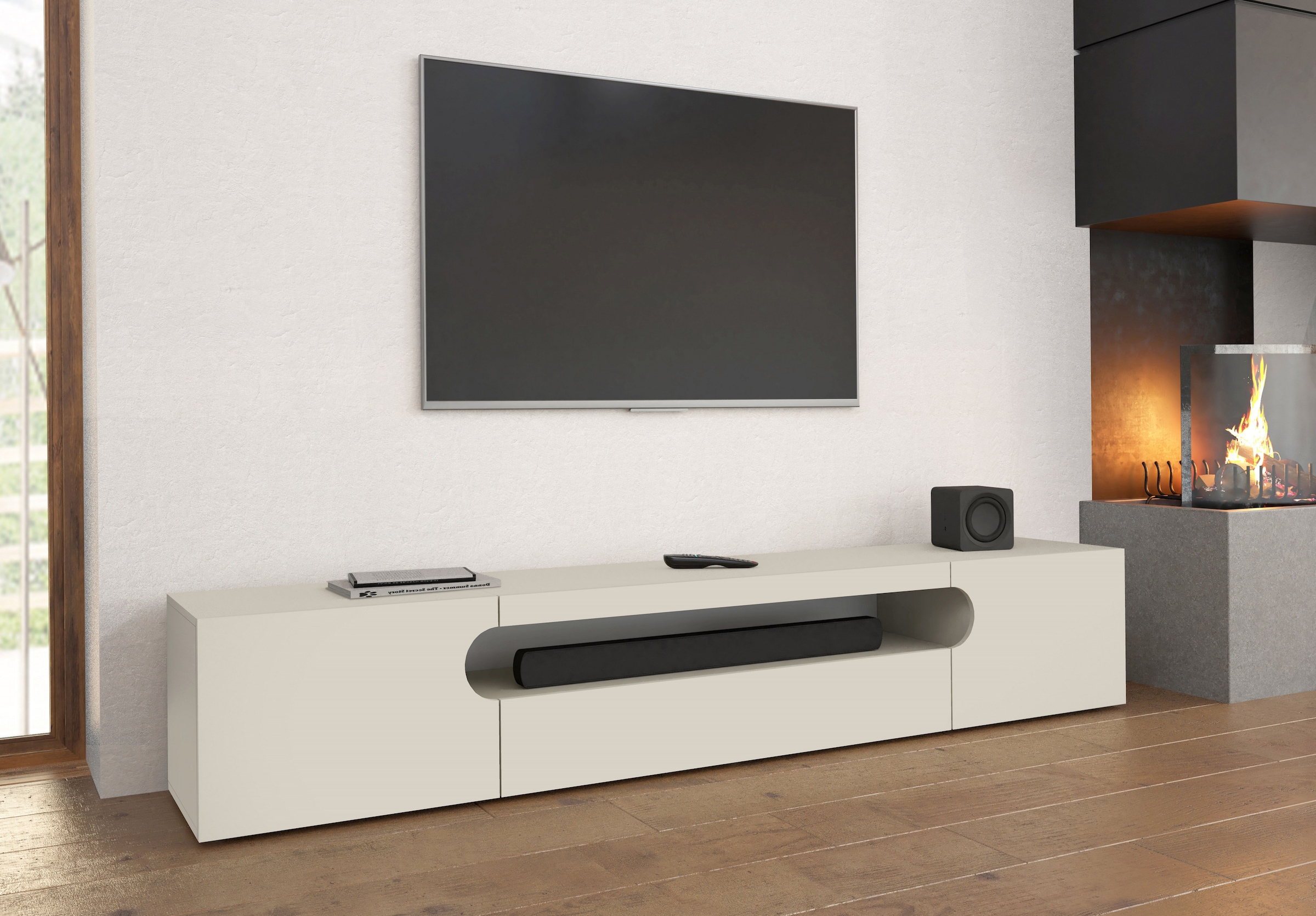 INOSIGN Lowboard »REAL TV-Möbel, 240 cm breit, 40/60 cm hoch, Hochglanz oder matt« mit 2 abgerundeten Türen, 1 Klappe, die ein ovales offenes Fach bilden