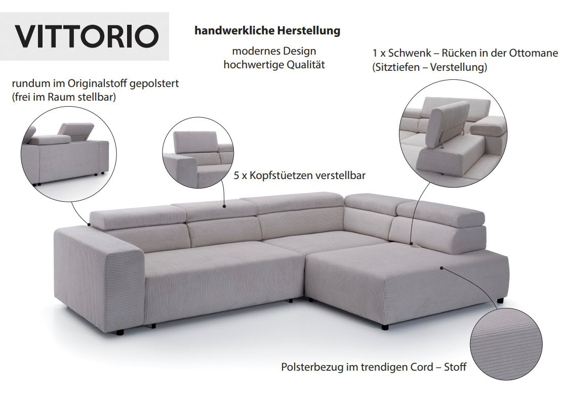 exxpo - sofa fashion Ecksofa »VITTORIO mit Komfortfunktionen, bequem und modern, Cord, L-Form«, inkl. Kopfteil- und Sitztiefenverstellung, wahlweise mit Bettfunktion