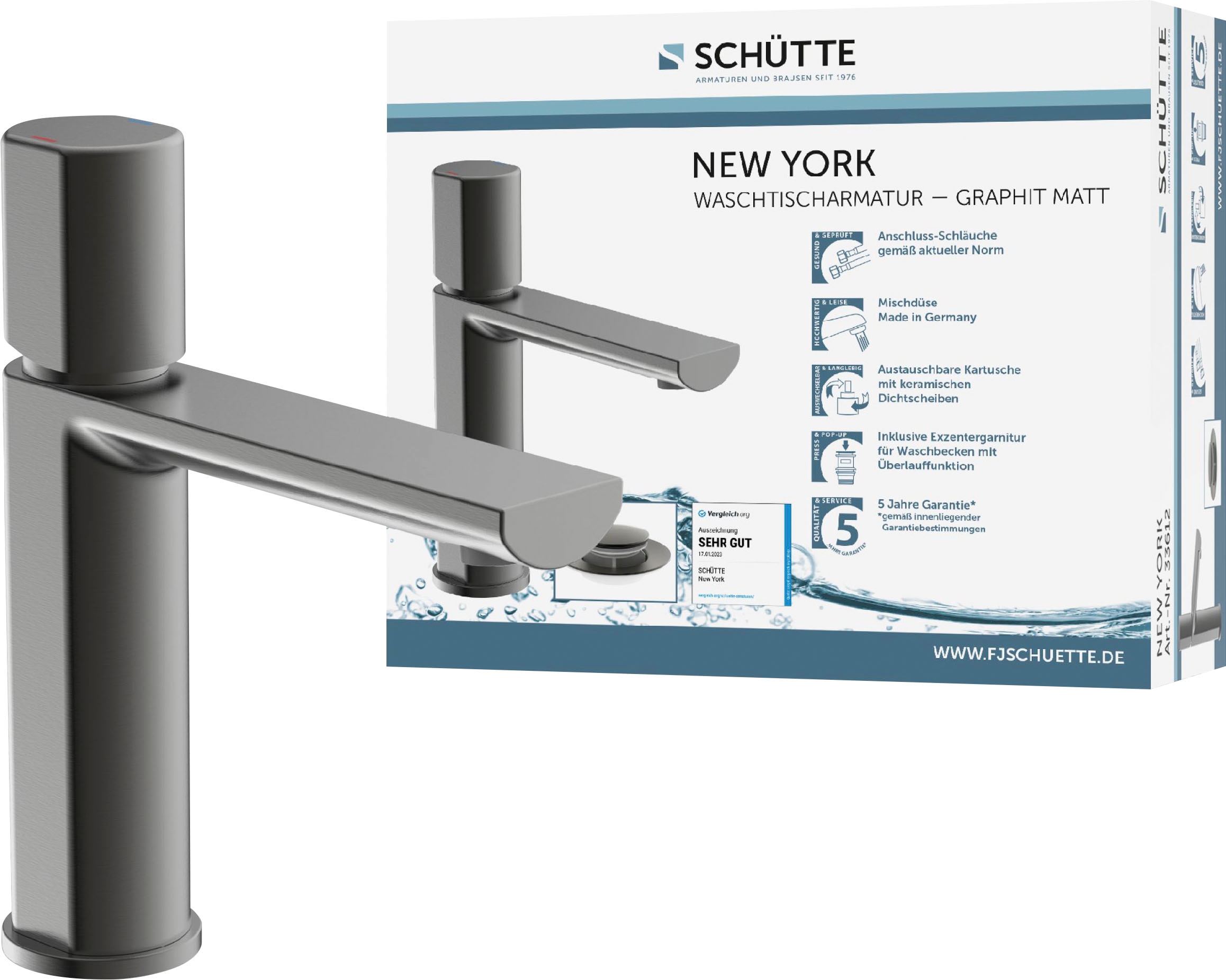 Schütte Waschtischarmatur »NEW YORK«, Wasserhahn mit Ablaufgarnitur, Mischbatterie mit Pop Up Abflussstopfen