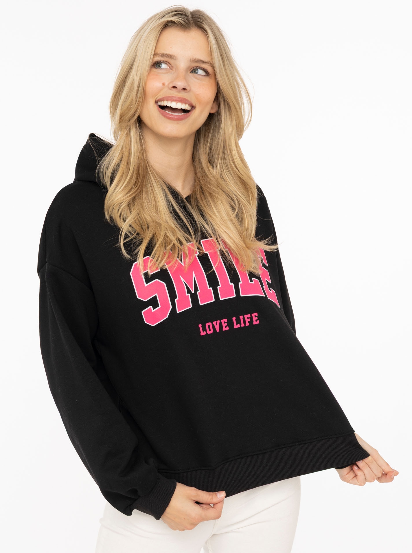 Zwillingsherz Hoodie »"Smile"«, capuche, manches longues, poignets élastiques, grand imprimé néon,
