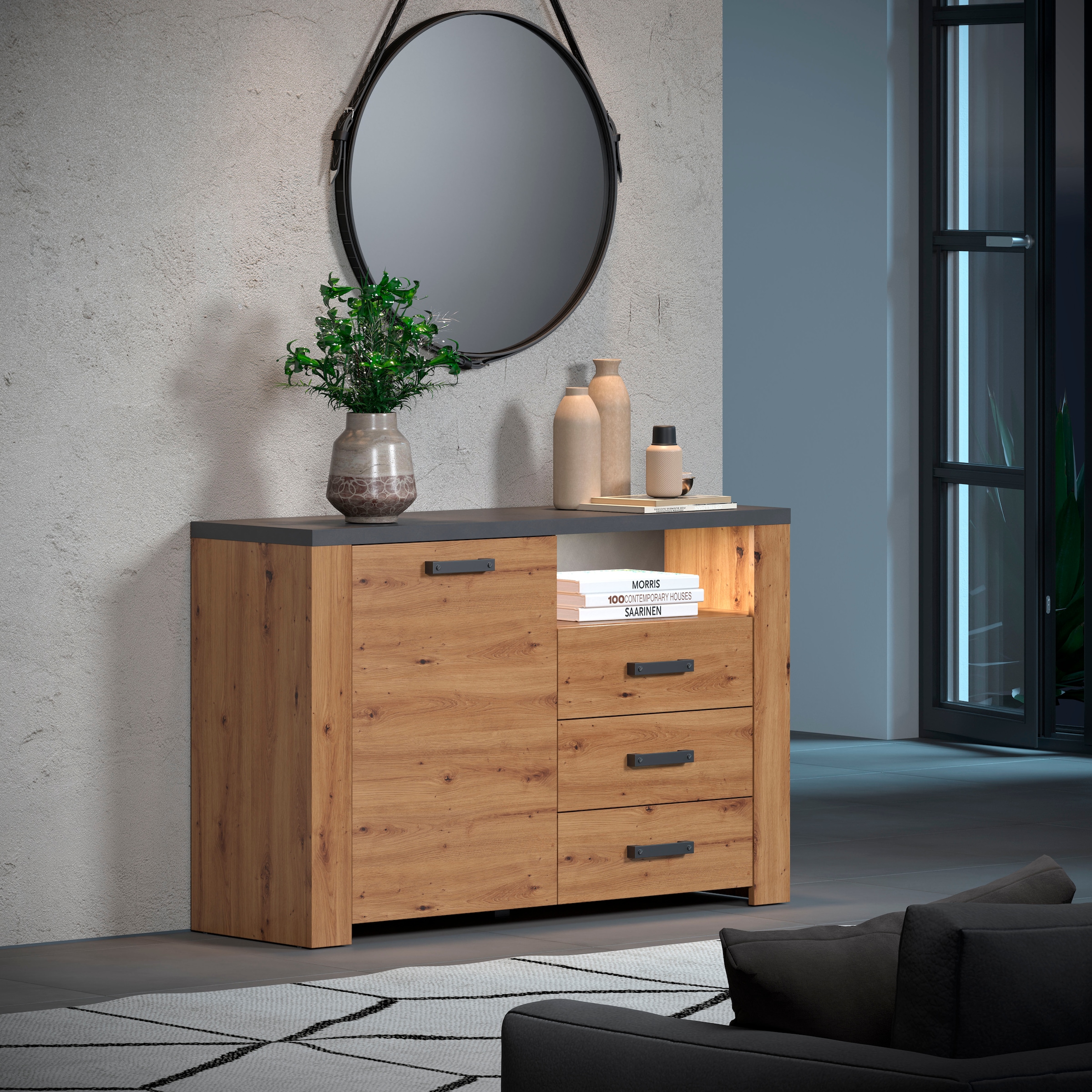 Home affaire Sideboard »Ambres«, (1 St.), matte Echtholzoptik, ca. Masse BxH: 127x83 cm, TV Schrank, Eiche