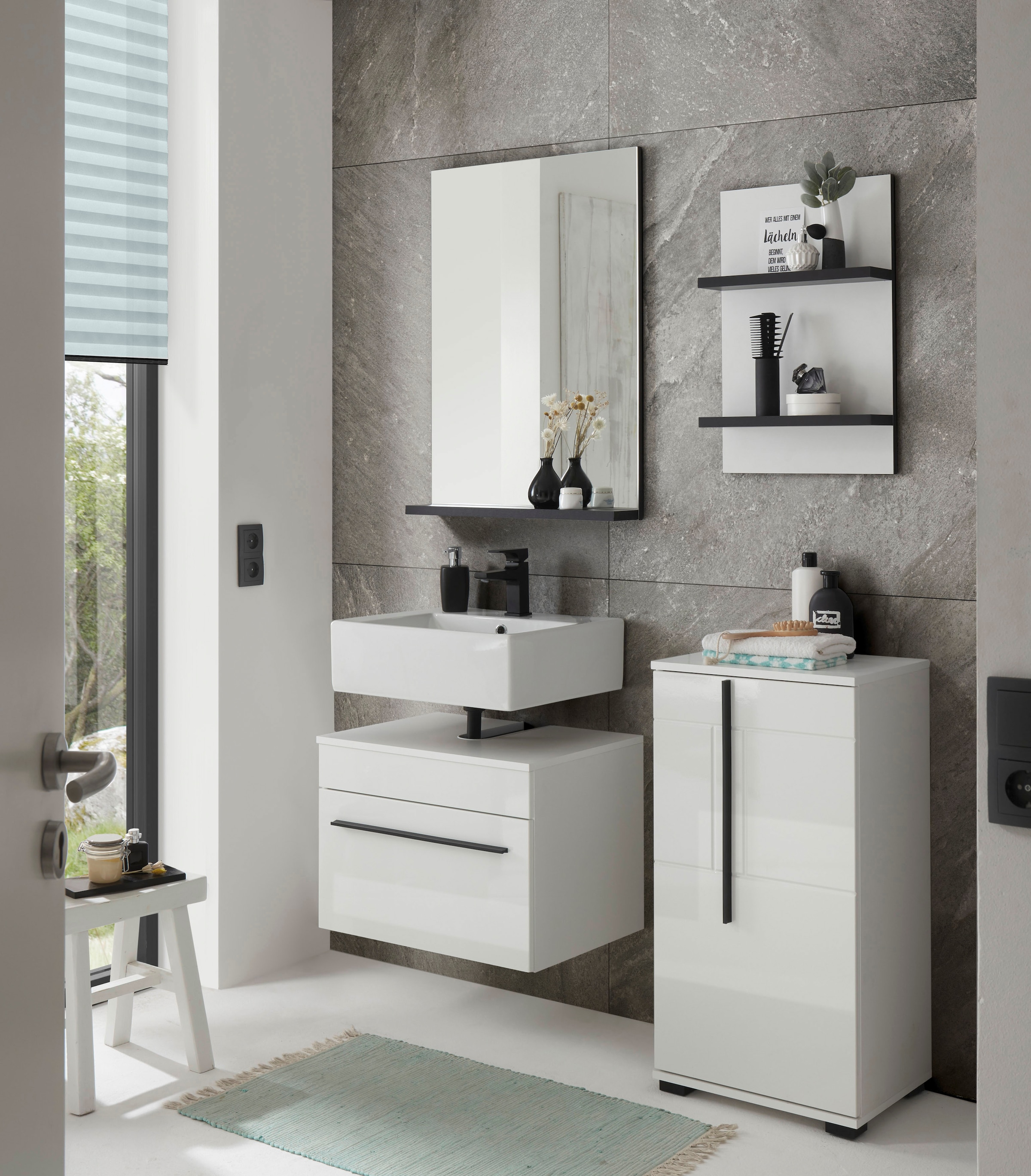INOSIGN Badmöbel-Set »Cantara, Bad im modernen Design, 4-teiliges Badezimmer«, (Set, 4 St.), Unterschrank, Schrank, Hängeregal und Spiegel, in Weiss Hochglanz