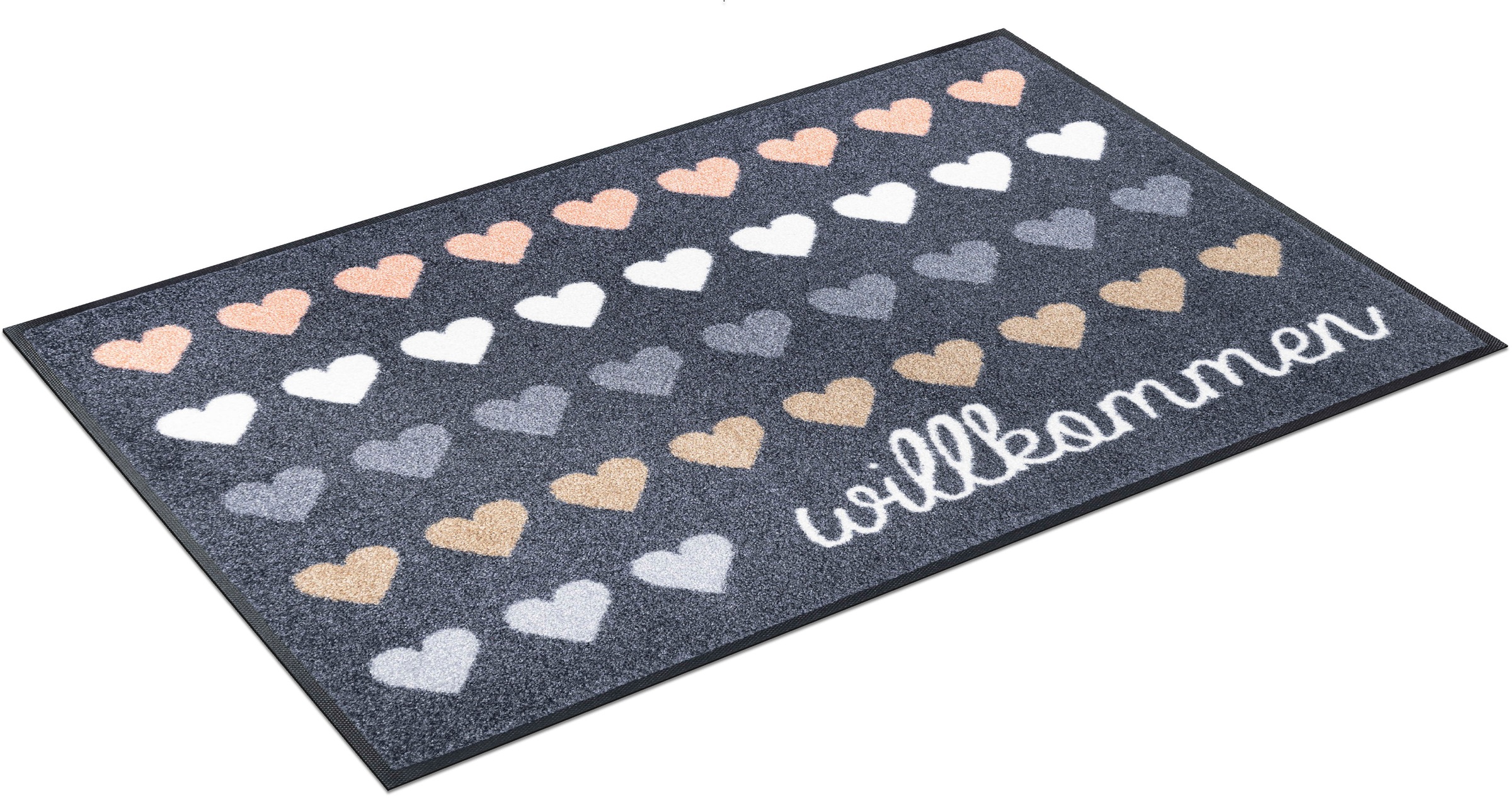 Image of wash+dry by Kleen-Tex Fussmatte "Willkommen Herzen" rechteckig 7 mm Höhe Schmutzfangmatte, Motiv Herzen, mit Spruch, rutschhemmend, waschbar