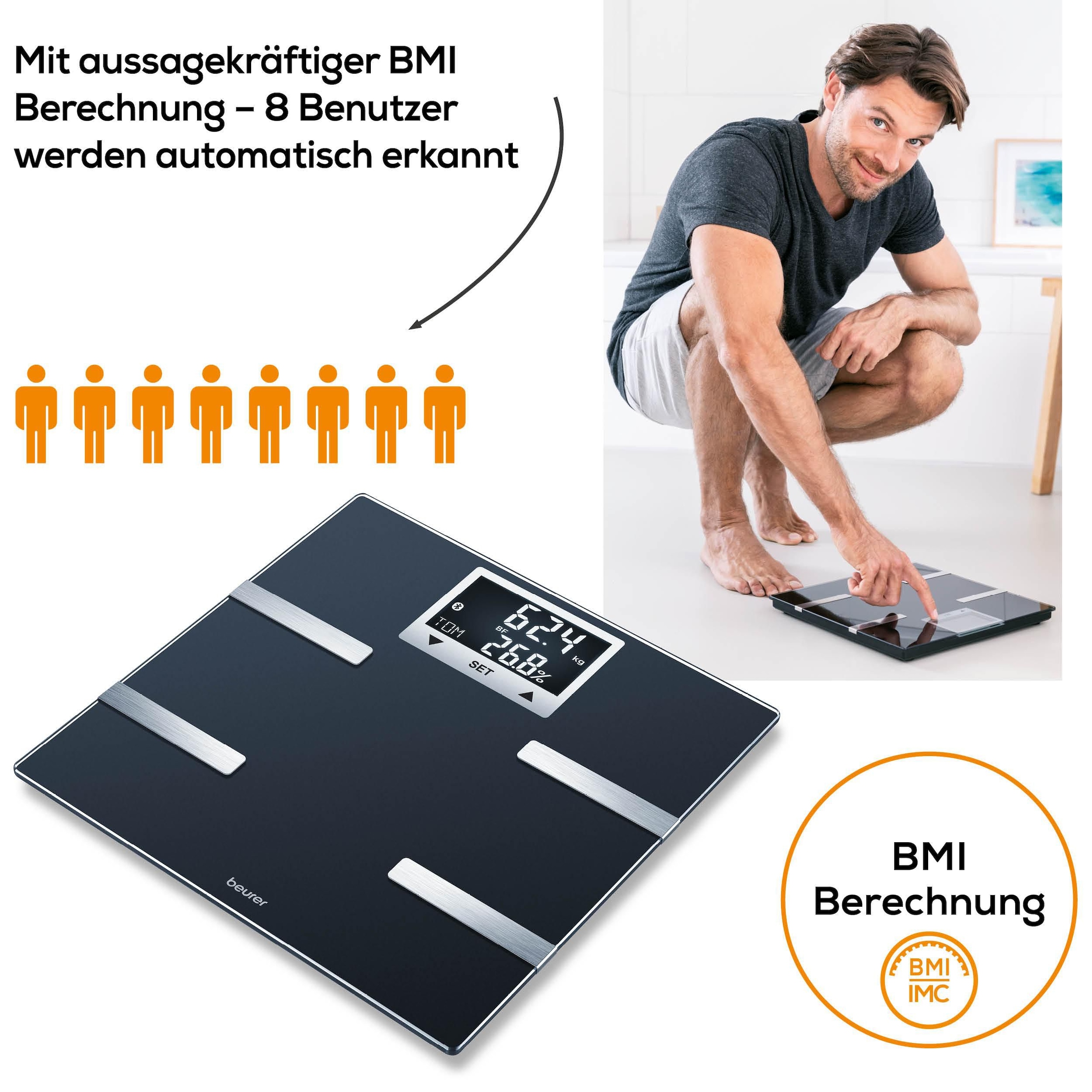 BEURER Pèse-personne d'analyse corporelle »BF 720 Messung von Körperfett, Muskelanteil, Kalorienanzeige usw.« Körperanalyse, mit App zur Übertragung und Tracking der Messwerte