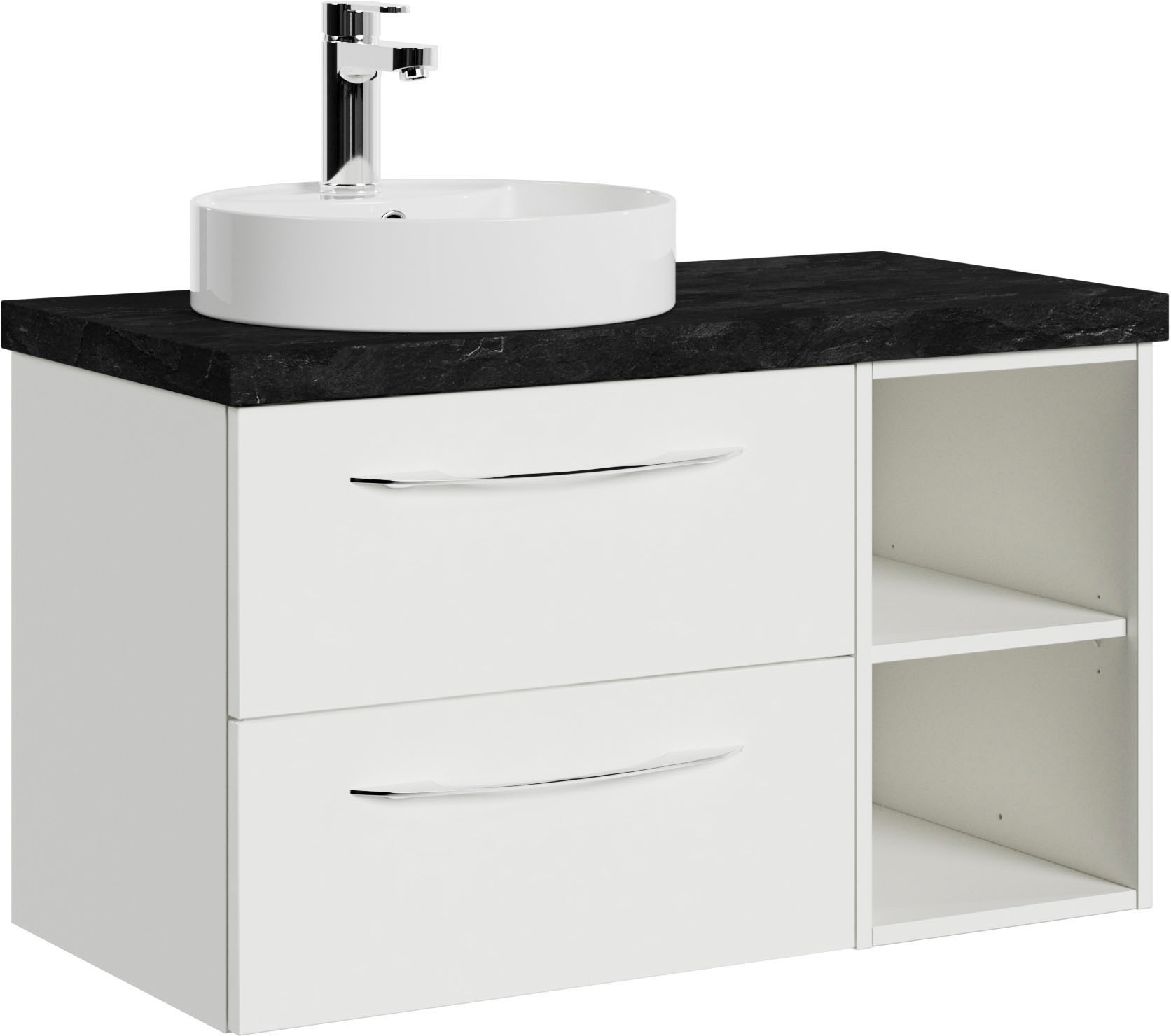 Saphir Waschtisch "Serie 4035 Keramik-Aufsatzbecken mit Unterschrank, 88 cm breit" Waschplatz mit 2 Schubladen, Regalfächer, Griffe in Chrom Glanz